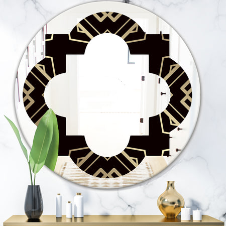 Gold and Black Art Deco Pattern - Modern Round or Oval Wall Mirror - Quatrefoil