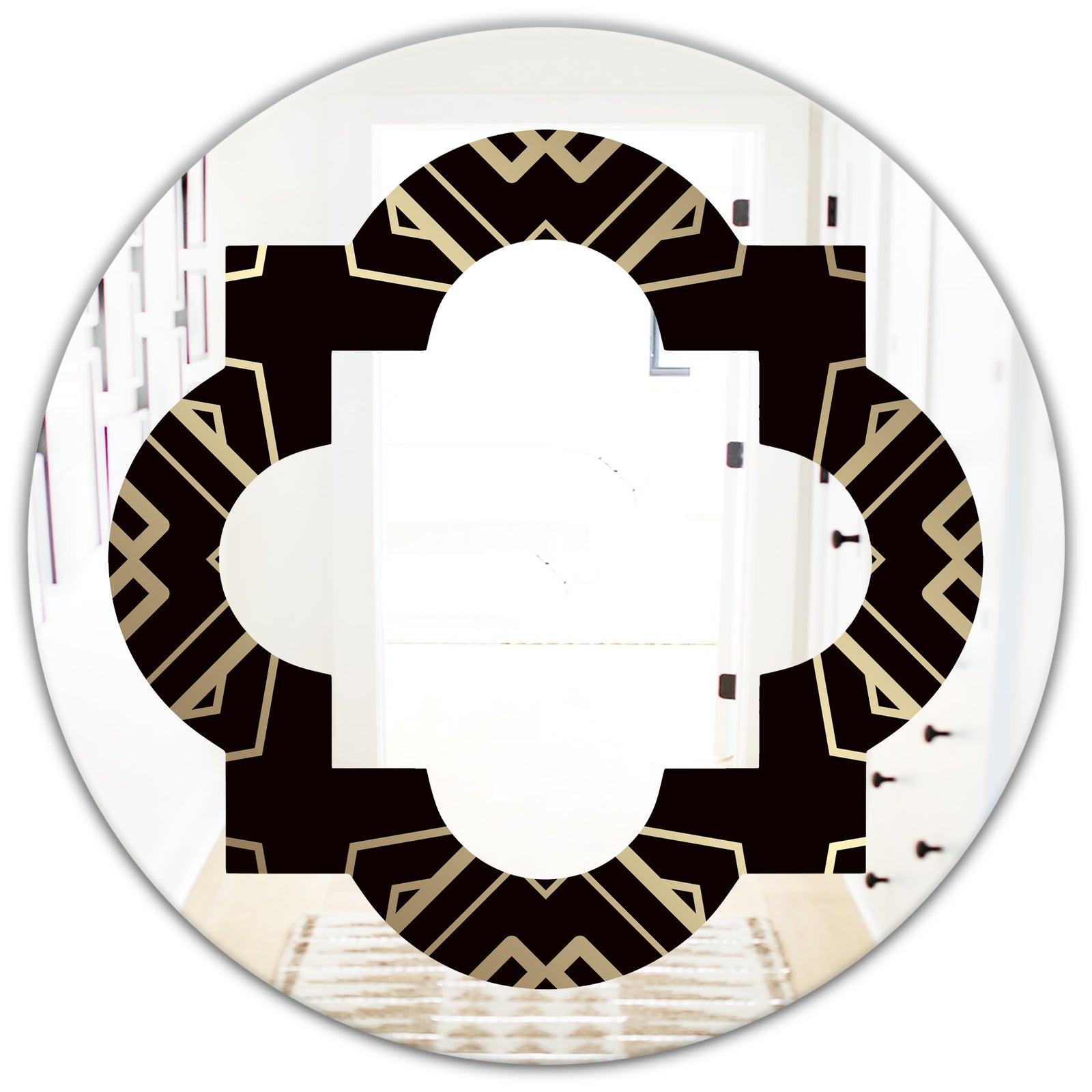 Gold and Black Art Deco Pattern - Modern Round or Oval Wall Mirror - Quatrefoil
