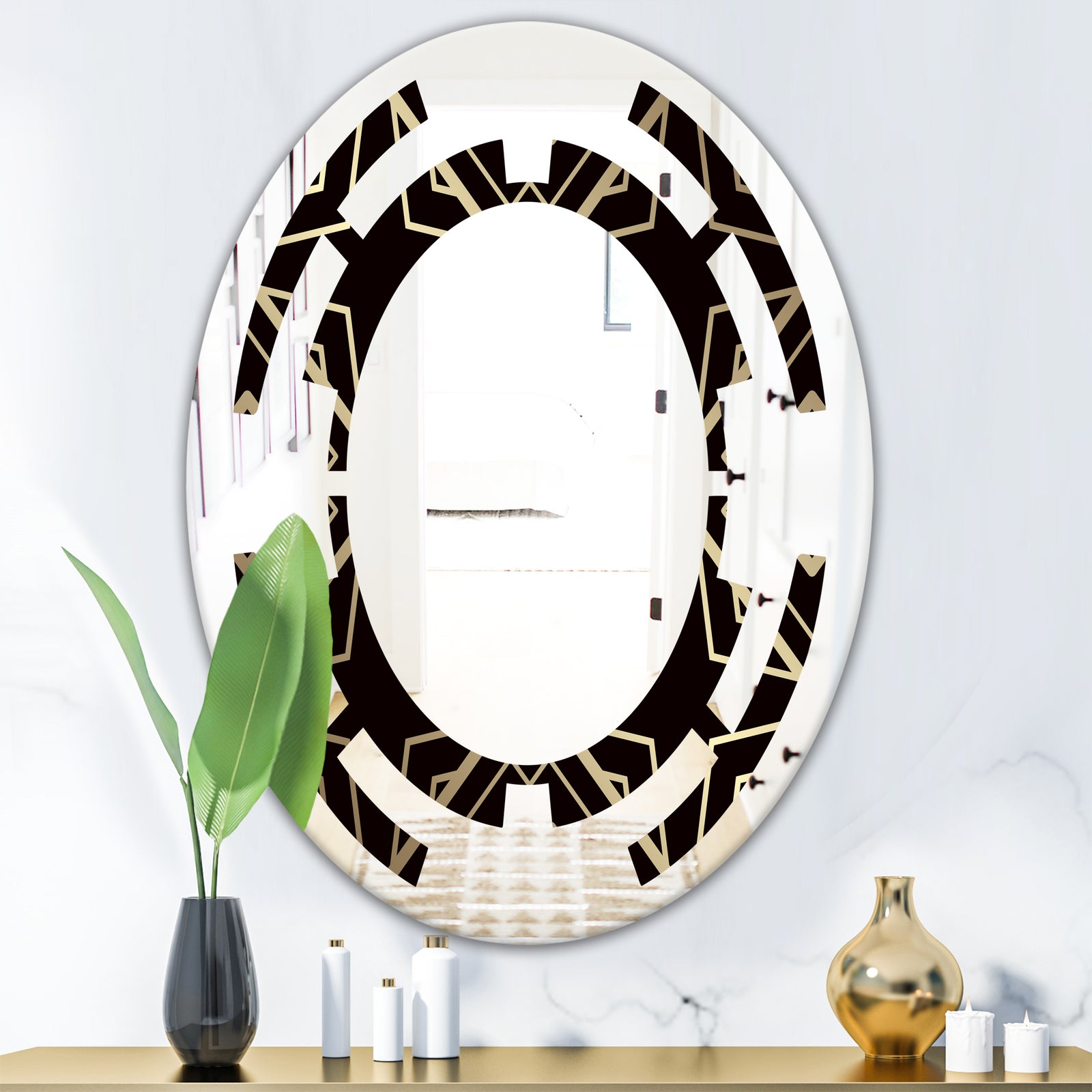 Gold and Black Art Deco Pattern - Modern Round or Oval Wall Mirror - Space
