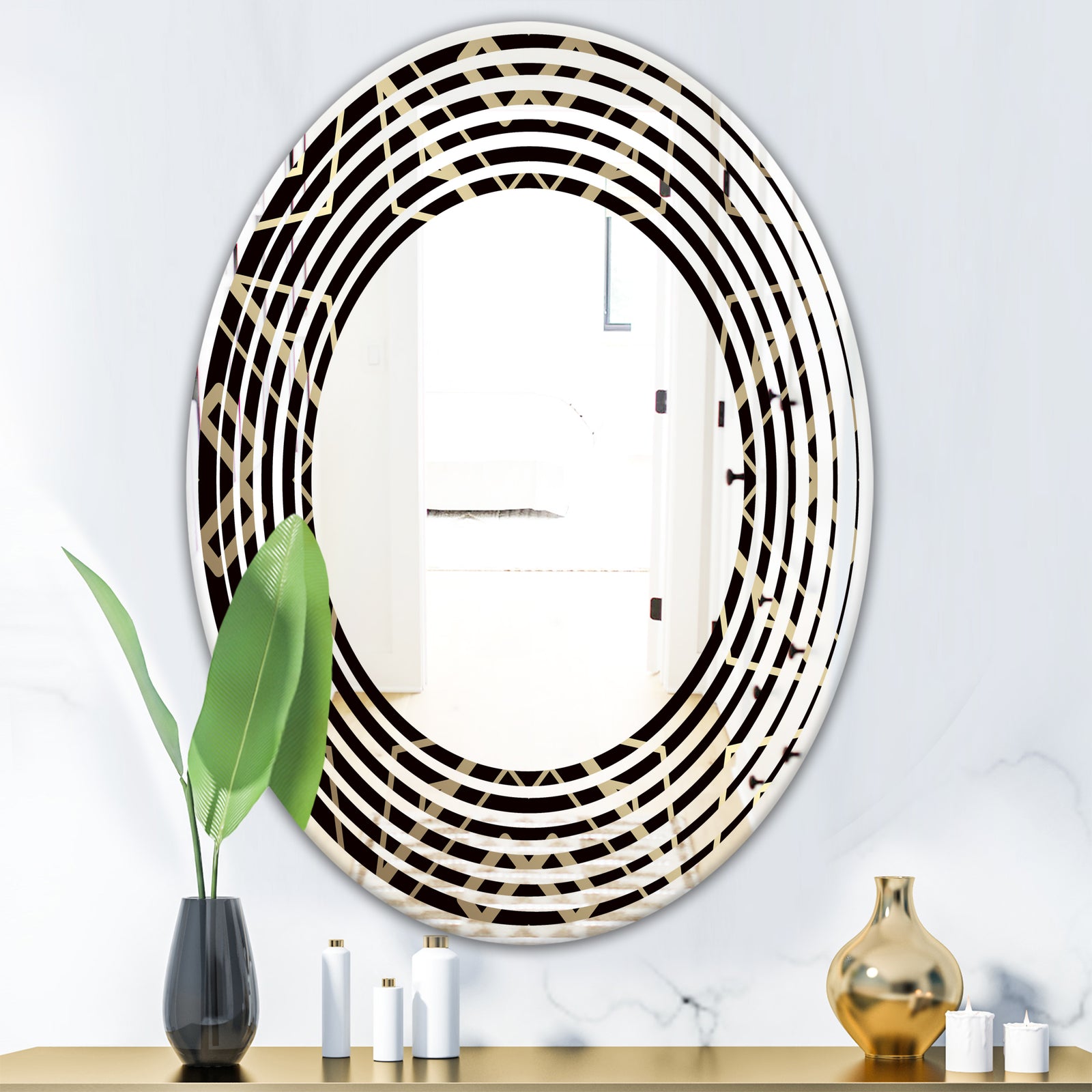 Gold and Black Art Deco Pattern - Modern Round or Oval Wall Mirror - Wave