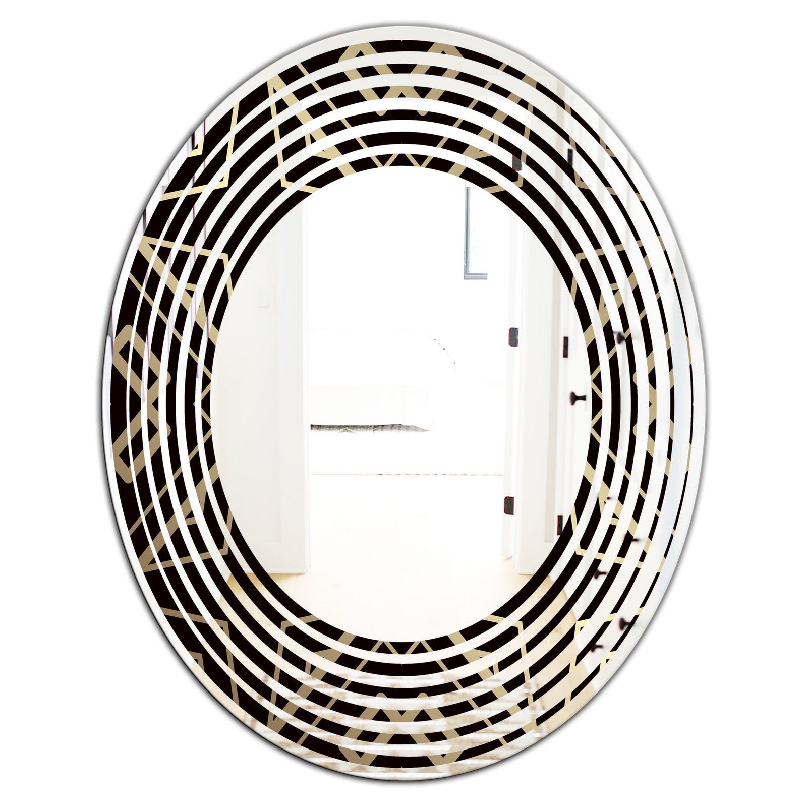 Gold and Black Art Deco Pattern - Modern Round or Oval Wall Mirror - Wave