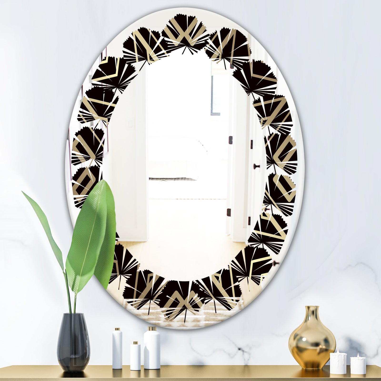 Gold and Black Art Deco Pattern - Modern Round or Oval Wall Mirror - Leaves