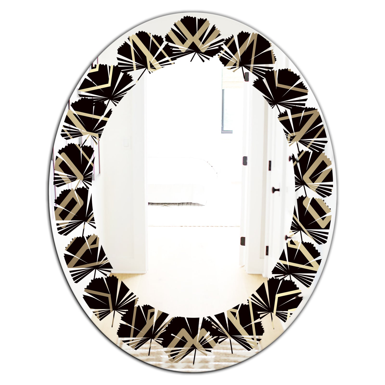 Gold and Black Art Deco Pattern - Modern Round or Oval Wall Mirror - Leaves