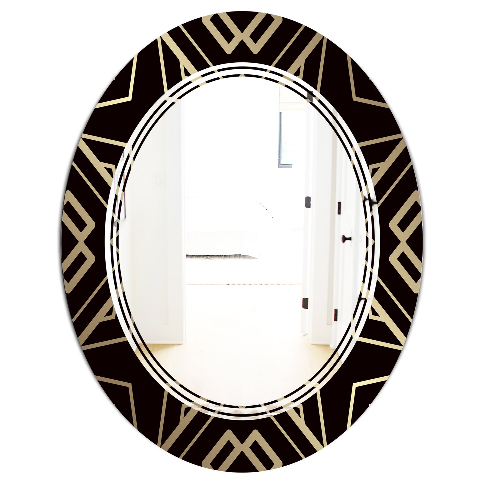 Gold and Black Art Deco Pattern - Modern Round or Oval Wall Mirror - Triple C