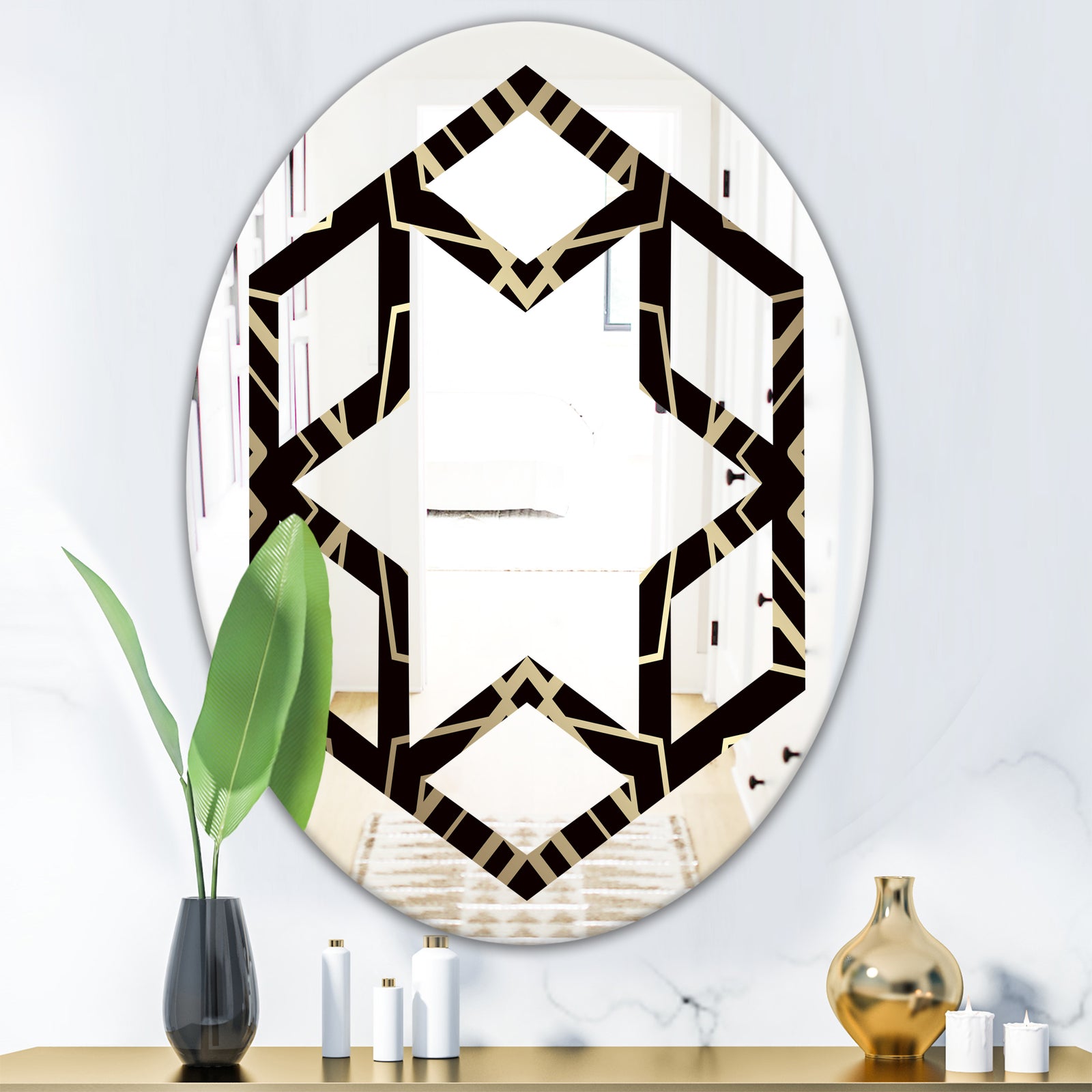 Gold and Black Art Deco Pattern - Modern Round or Oval Wall Mirror - Hexagon Star