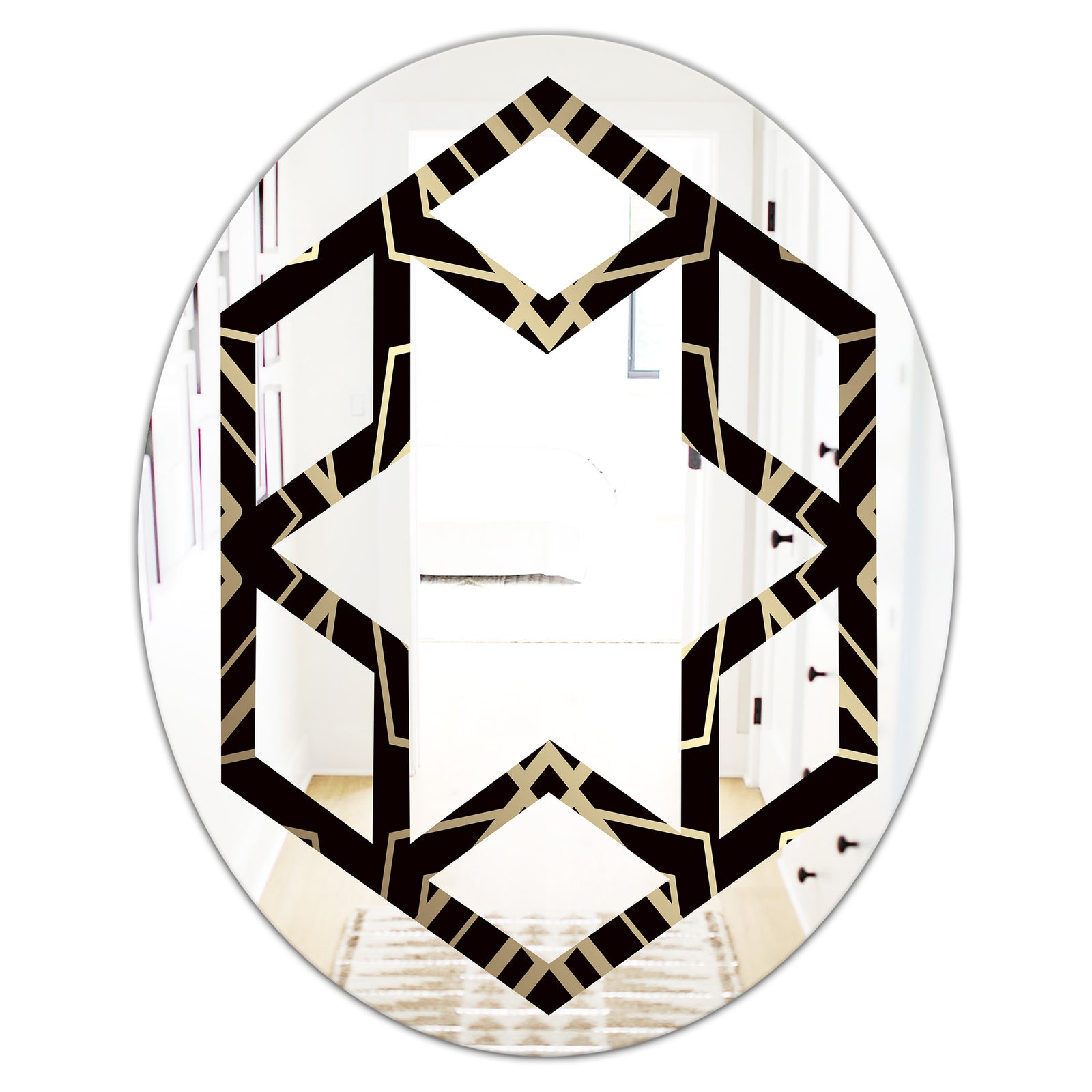 Gold and Black Art Deco Pattern - Modern Round or Oval Wall Mirror - Hexagon Star