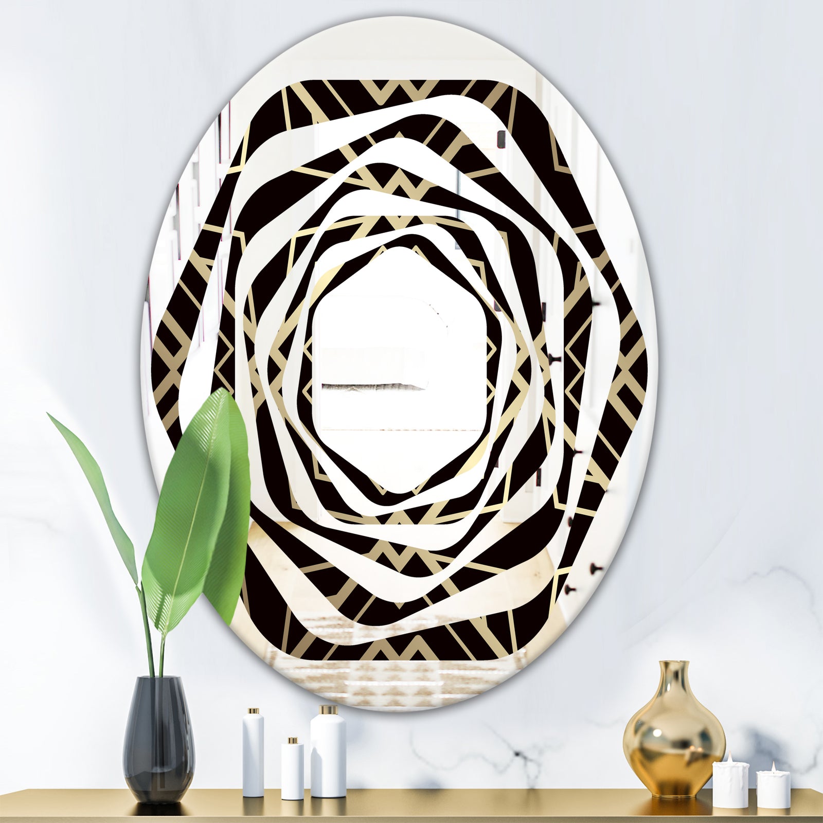 Gold and Black Art Deco Pattern - Modern Round or Oval Wall Mirror - Whirl