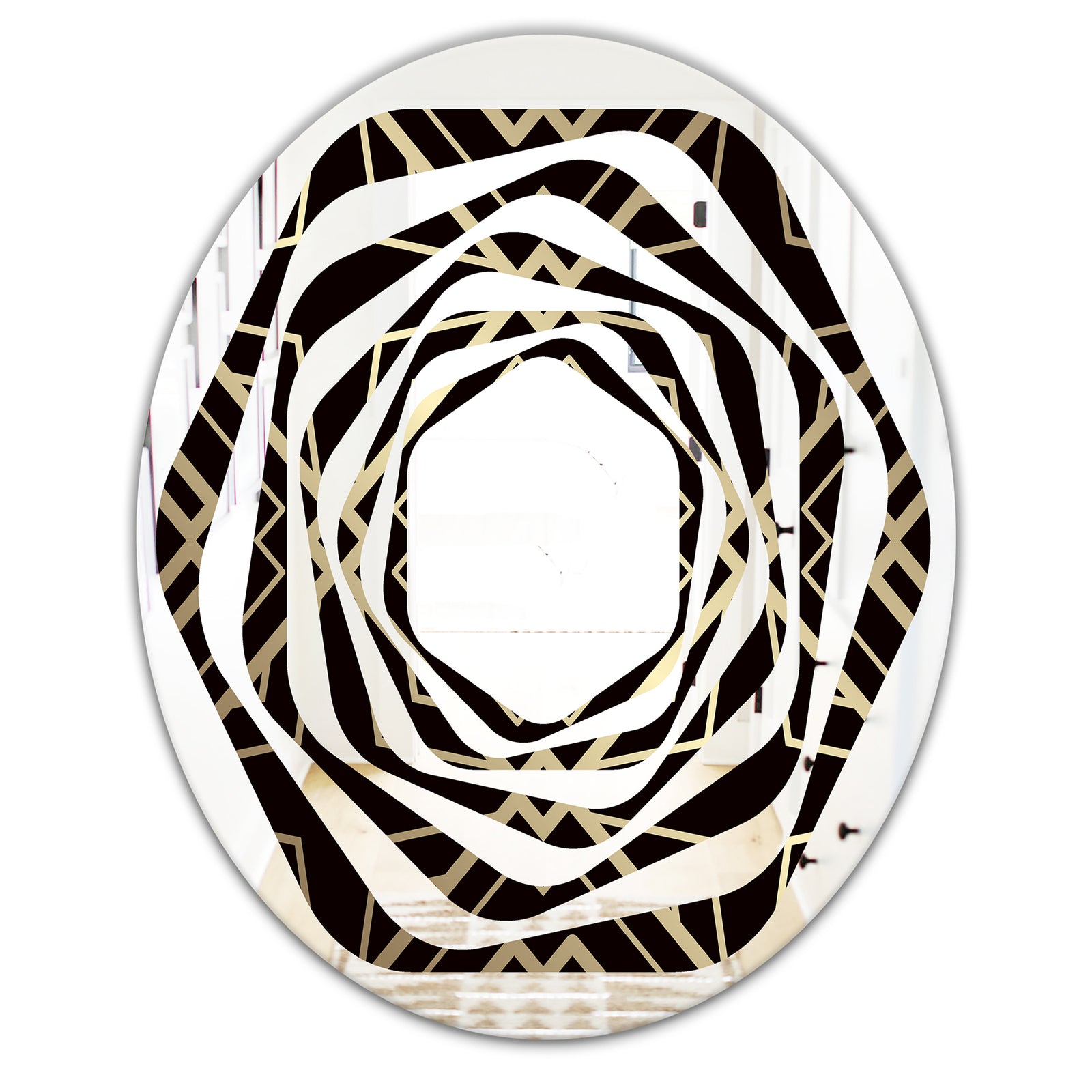Gold and Black Art Deco Pattern - Modern Round or Oval Wall Mirror - Whirl