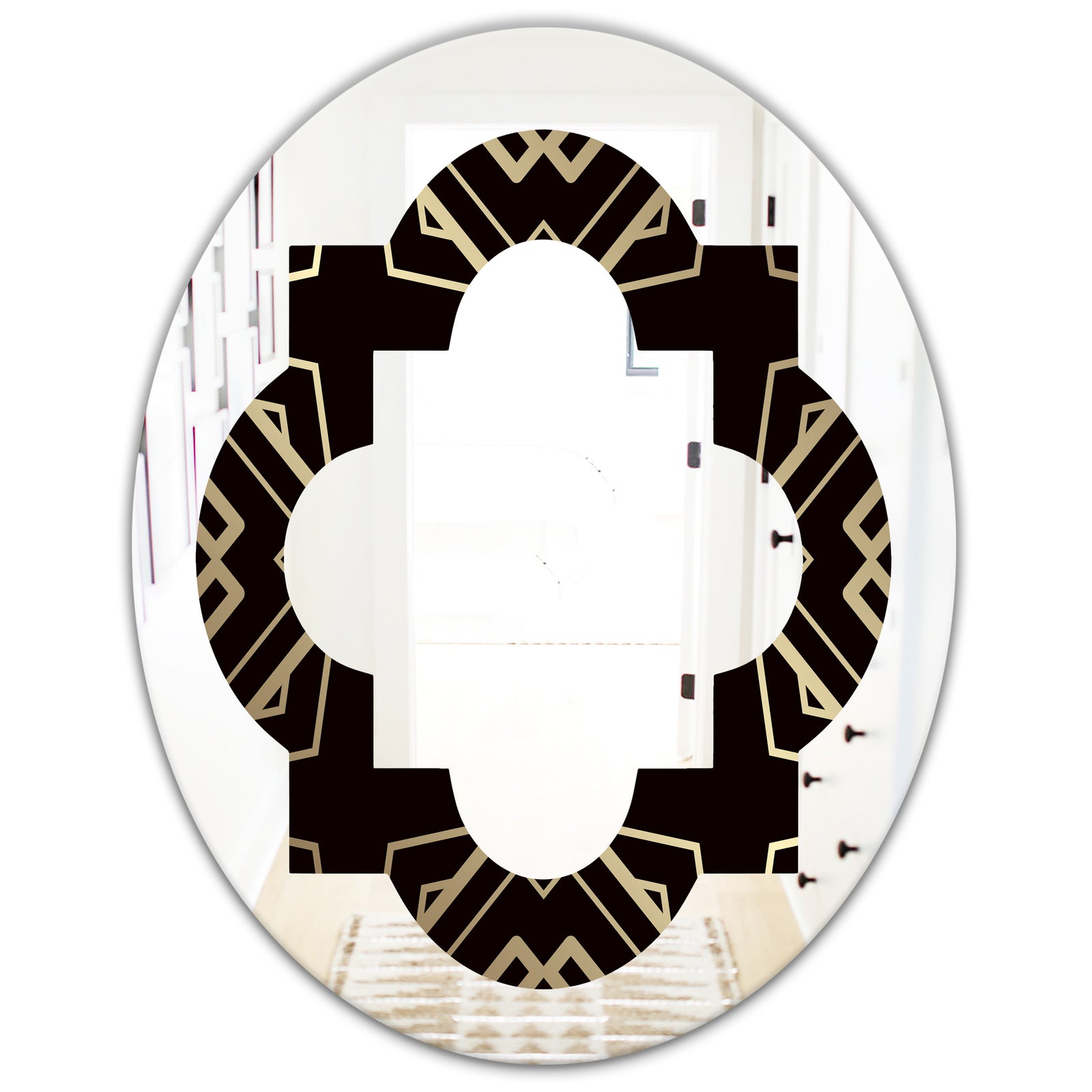 Gold and Black Art Deco Pattern - Modern Round or Oval Wall Mirror - Quatrefoil