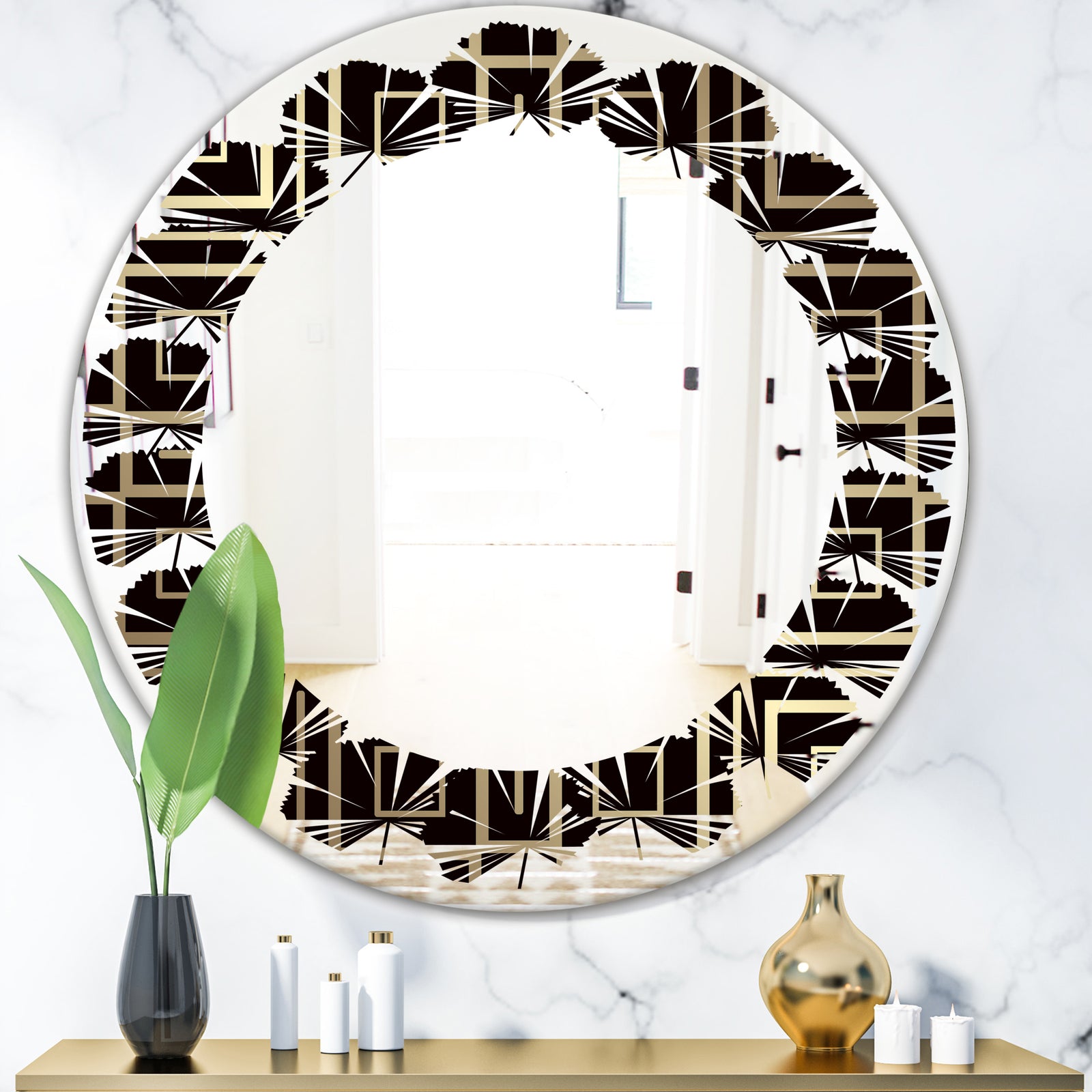 Golden Luxury Metallic Geometrics XII - Modern Round or Oval Wall Mirror - Leaves