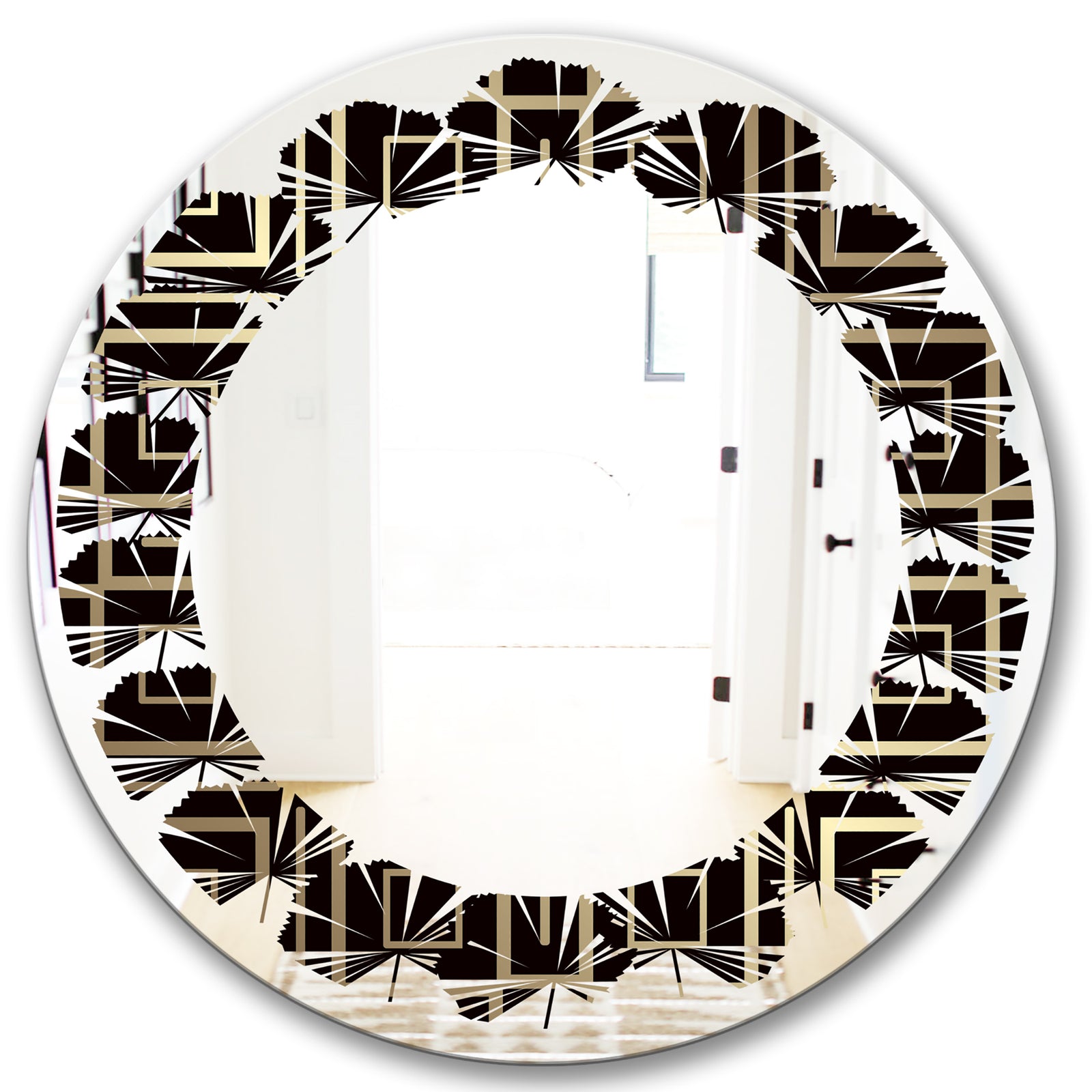 Golden Luxury Metallic Geometrics XII - Modern Round or Oval Wall Mirror - Leaves