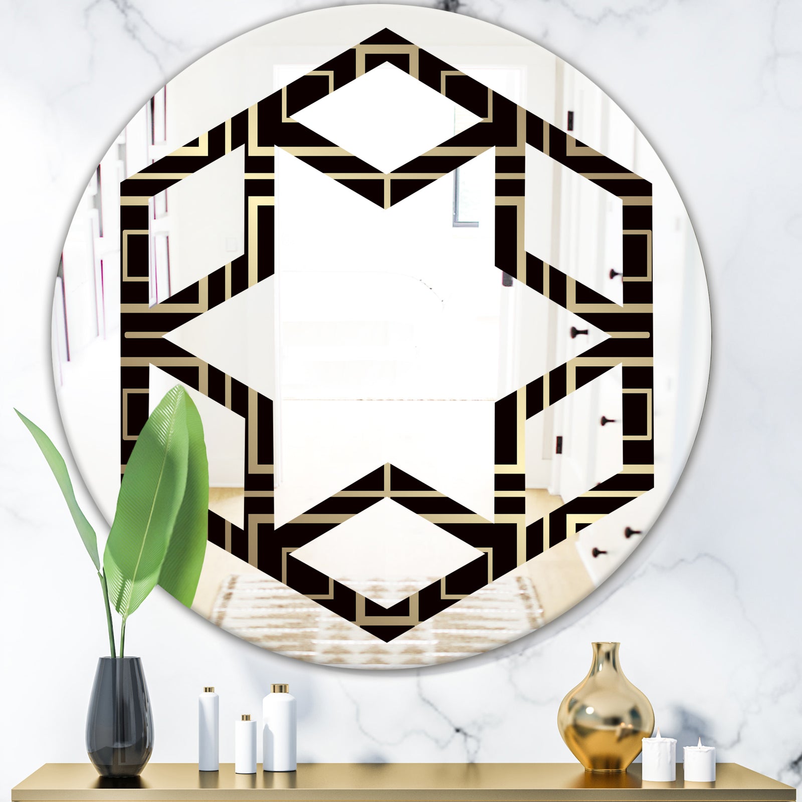 Golden Luxury Metallic Geometrics XII - Modern Round or Oval Wall Mirror - Hexagon Star