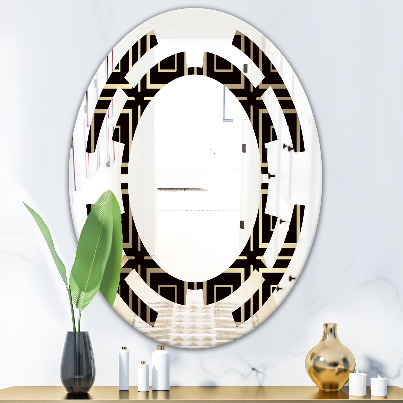 Golden Luxury Metallic Geometrics XII - Modern Round or Oval Wall Mirror - Space
