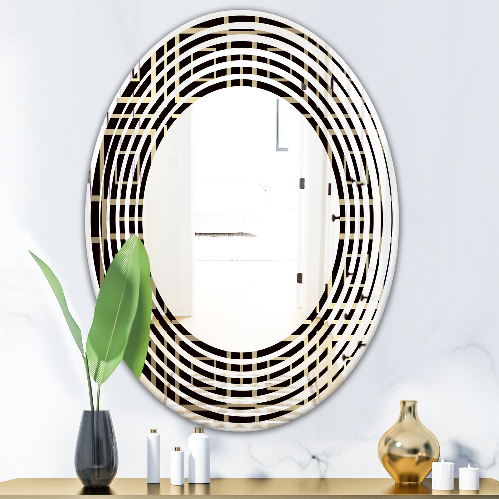 Golden Luxury Metallic Geometrics XII - Modern Round or Oval Wall Mirror - Wave