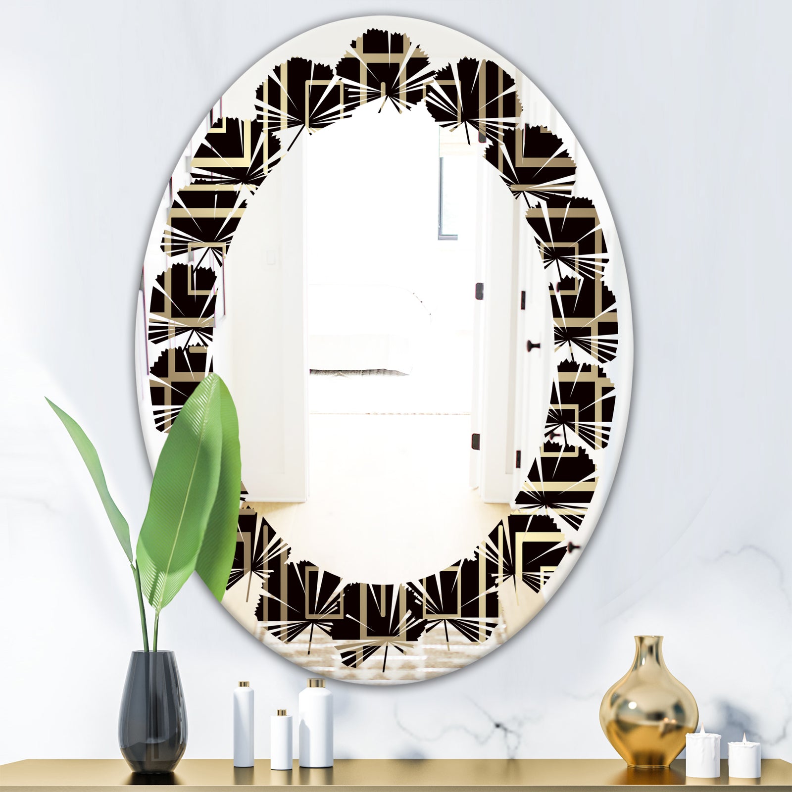 Golden Luxury Metallic Geometrics XII - Modern Round or Oval Wall Mirror - Leaves