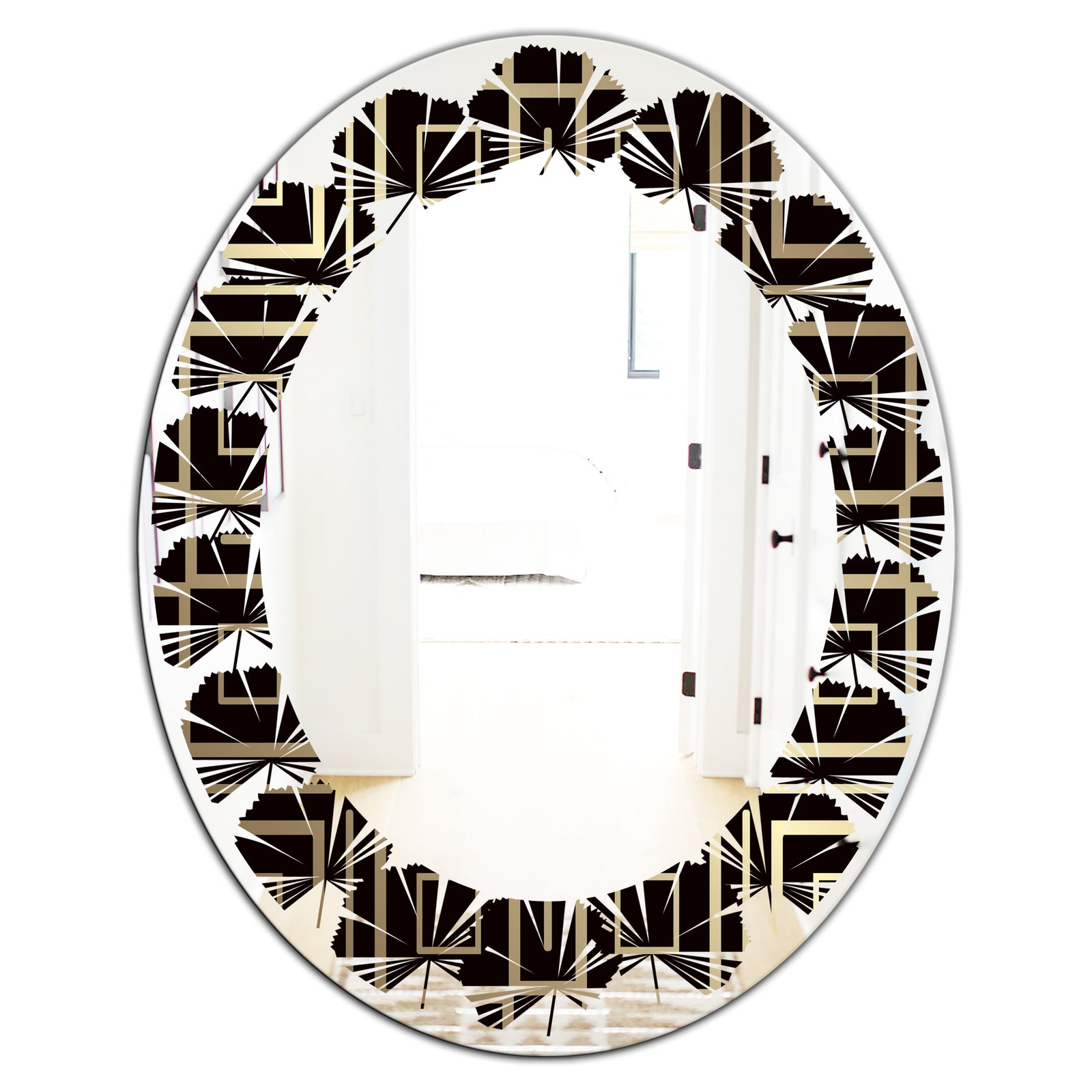 Golden Luxury Metallic Geometrics XII - Modern Round or Oval Wall Mirror - Leaves