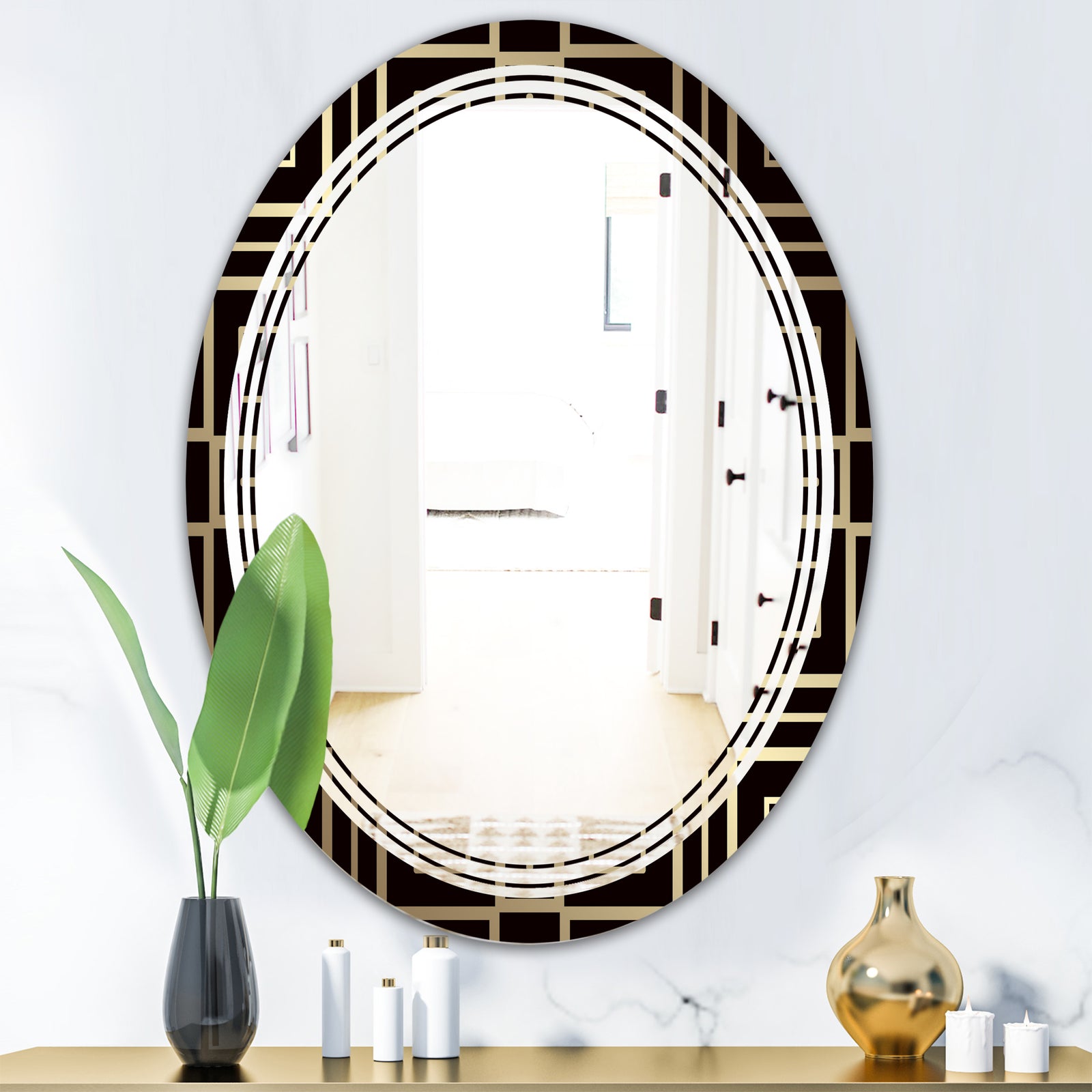 Golden Luxury Metallic Geometrics XII - Modern Round or Oval Wall Mirror - Triple C