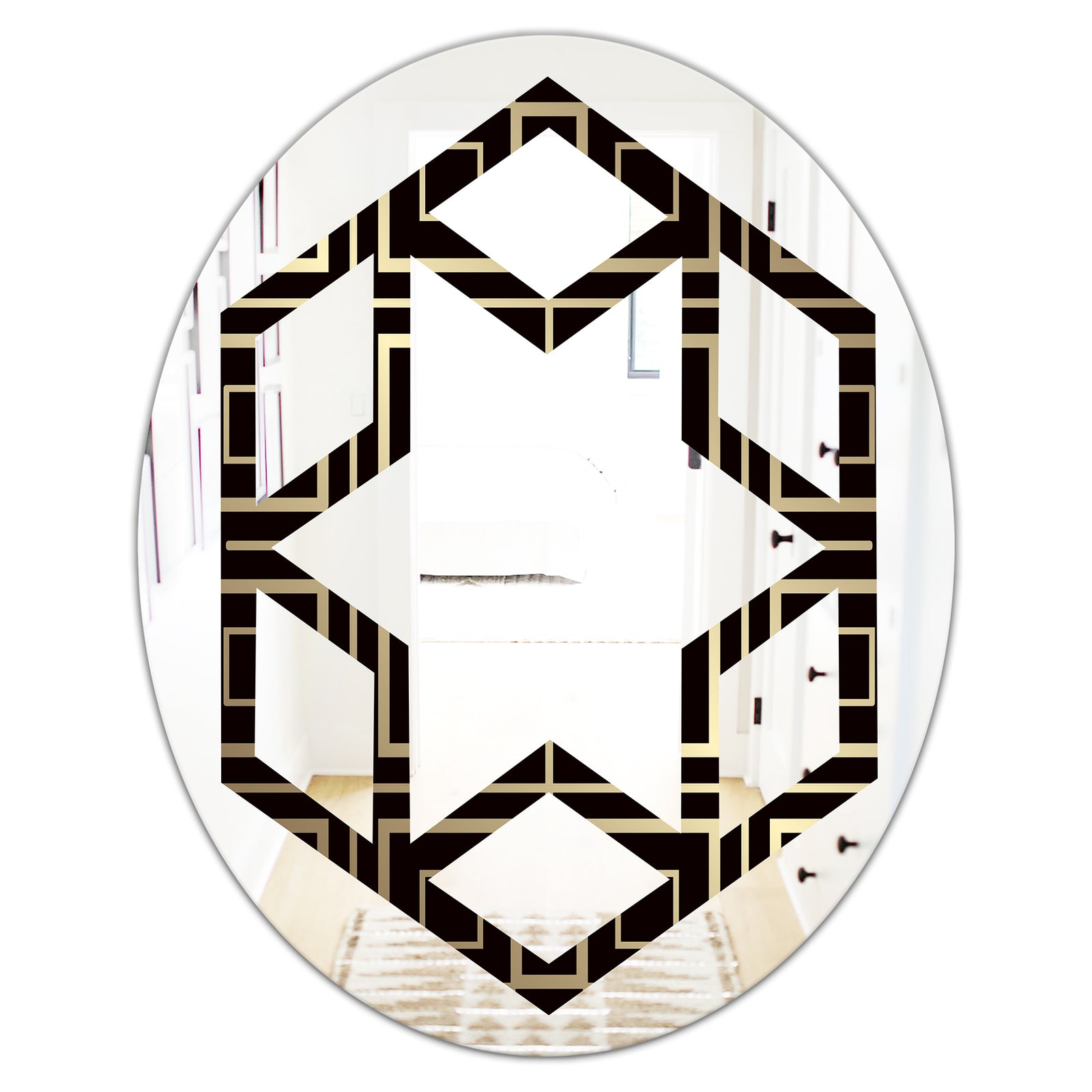 Golden Luxury Metallic Geometrics XII - Modern Round or Oval Wall Mirror - Hexagon Star