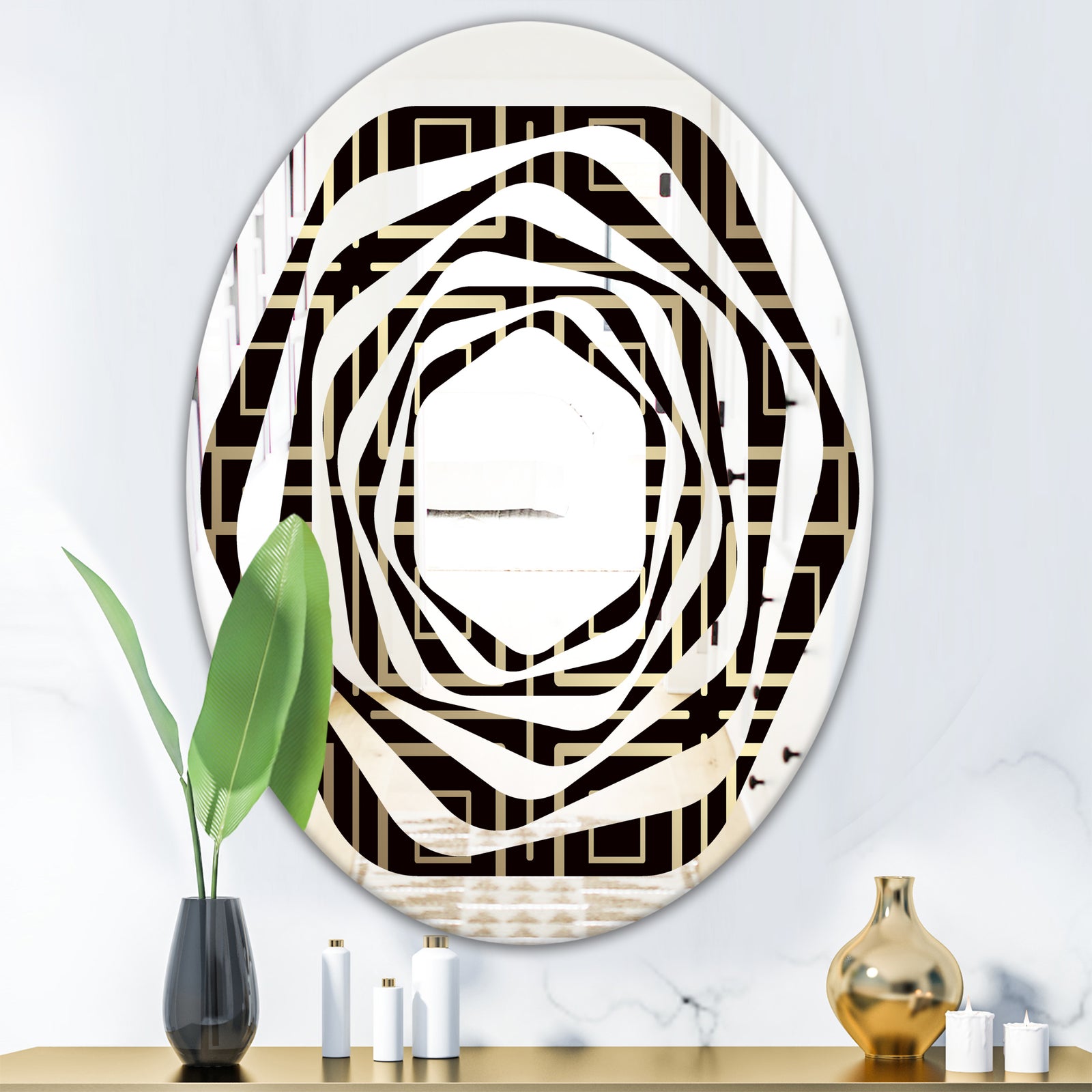 Golden Luxury Metallic Geometrics XII - Modern Round or Oval Wall Mirror - Whirl