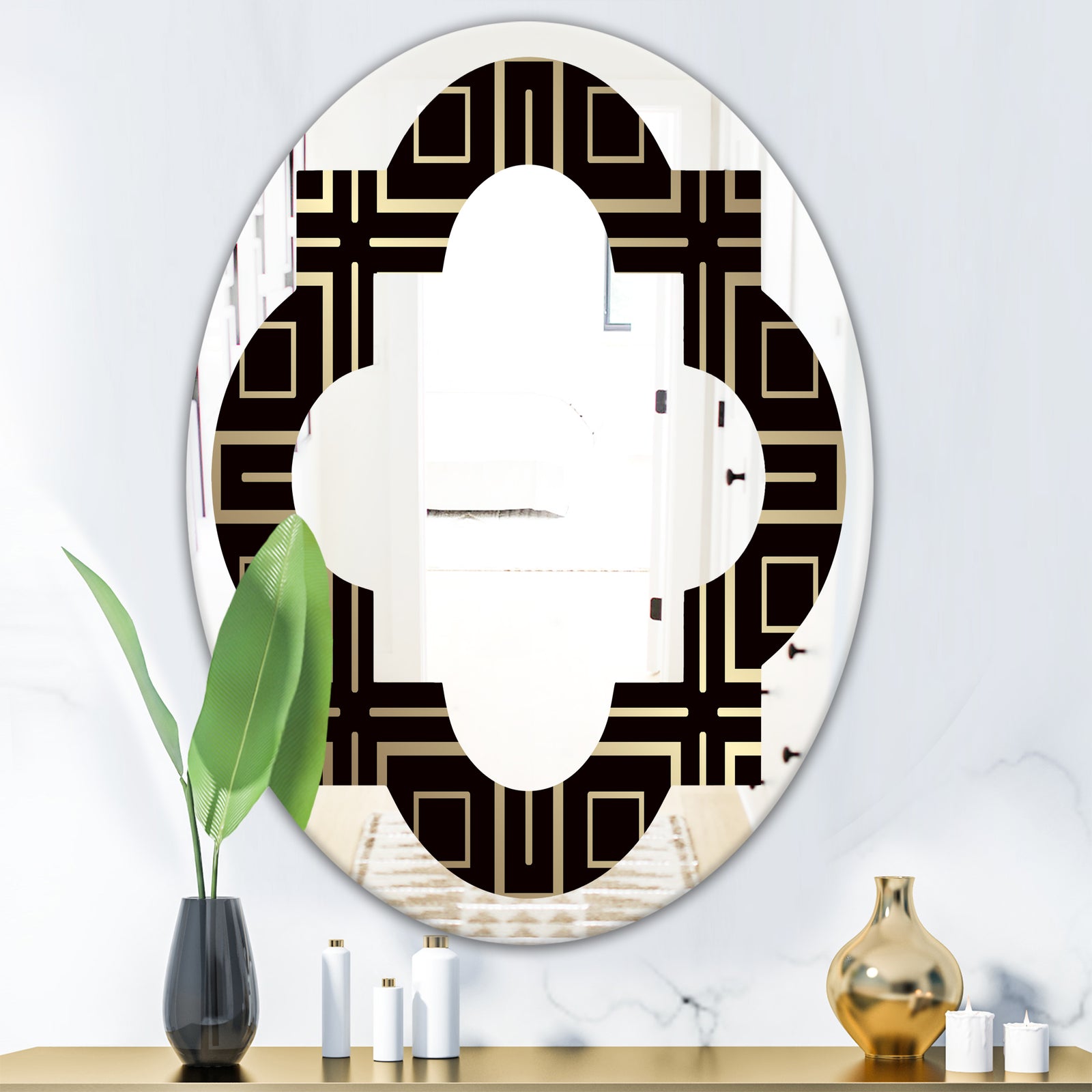 Golden Luxury Metallic Geometrics XII - Modern Round or Oval Wall Mirror - Quatrefoil