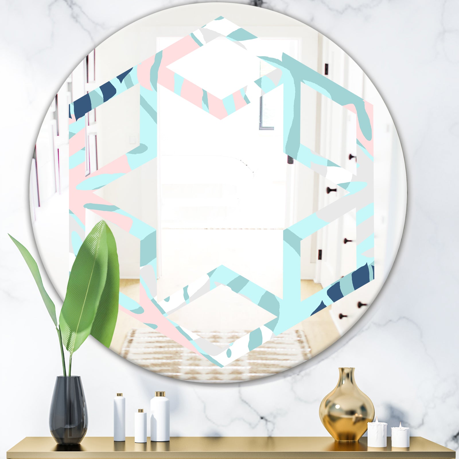 Retro Floral Pattern II - Modern Round or Oval Wall Mirror - Hexagon Star