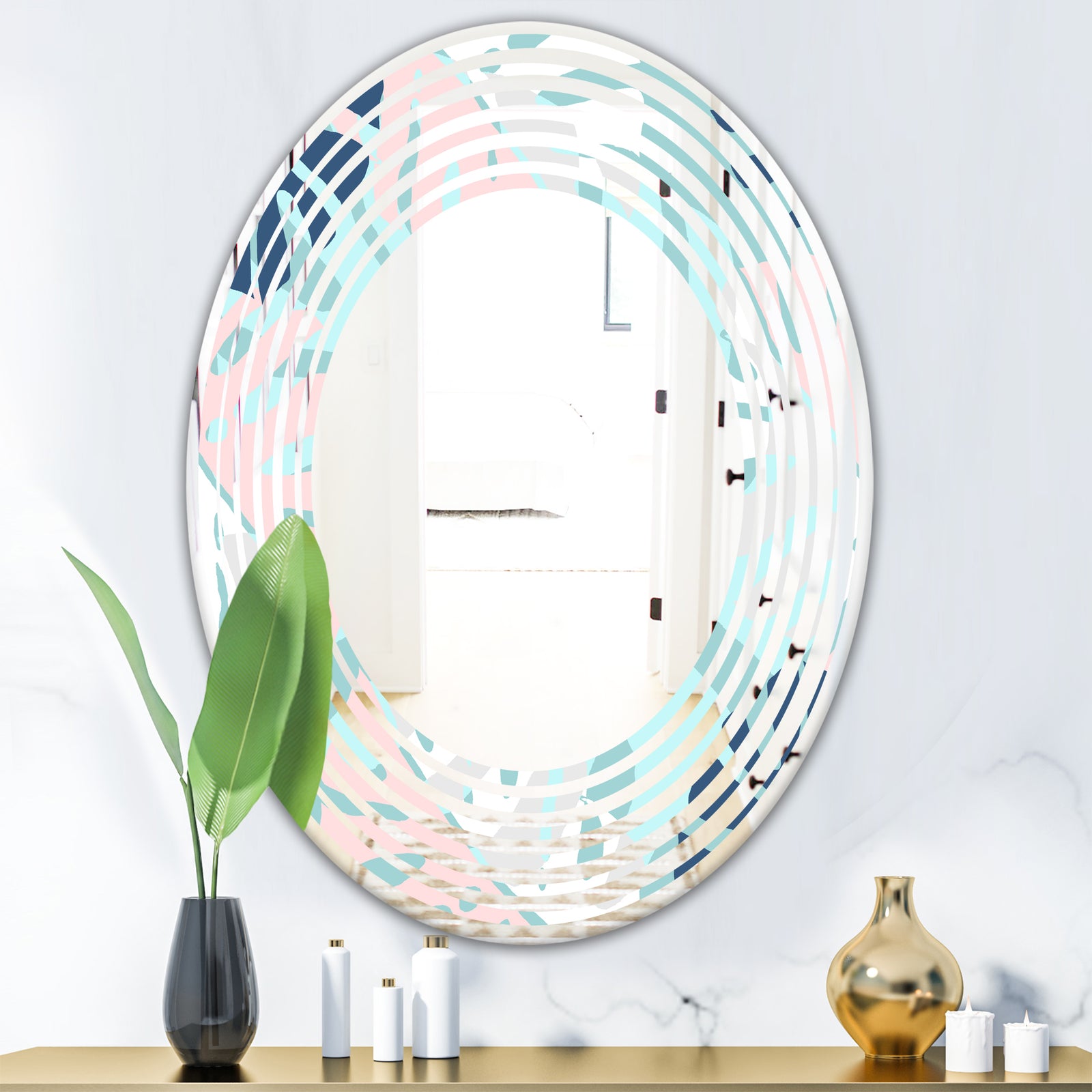Retro Floral Pattern II - Modern Round or Oval Wall Mirror - Wave