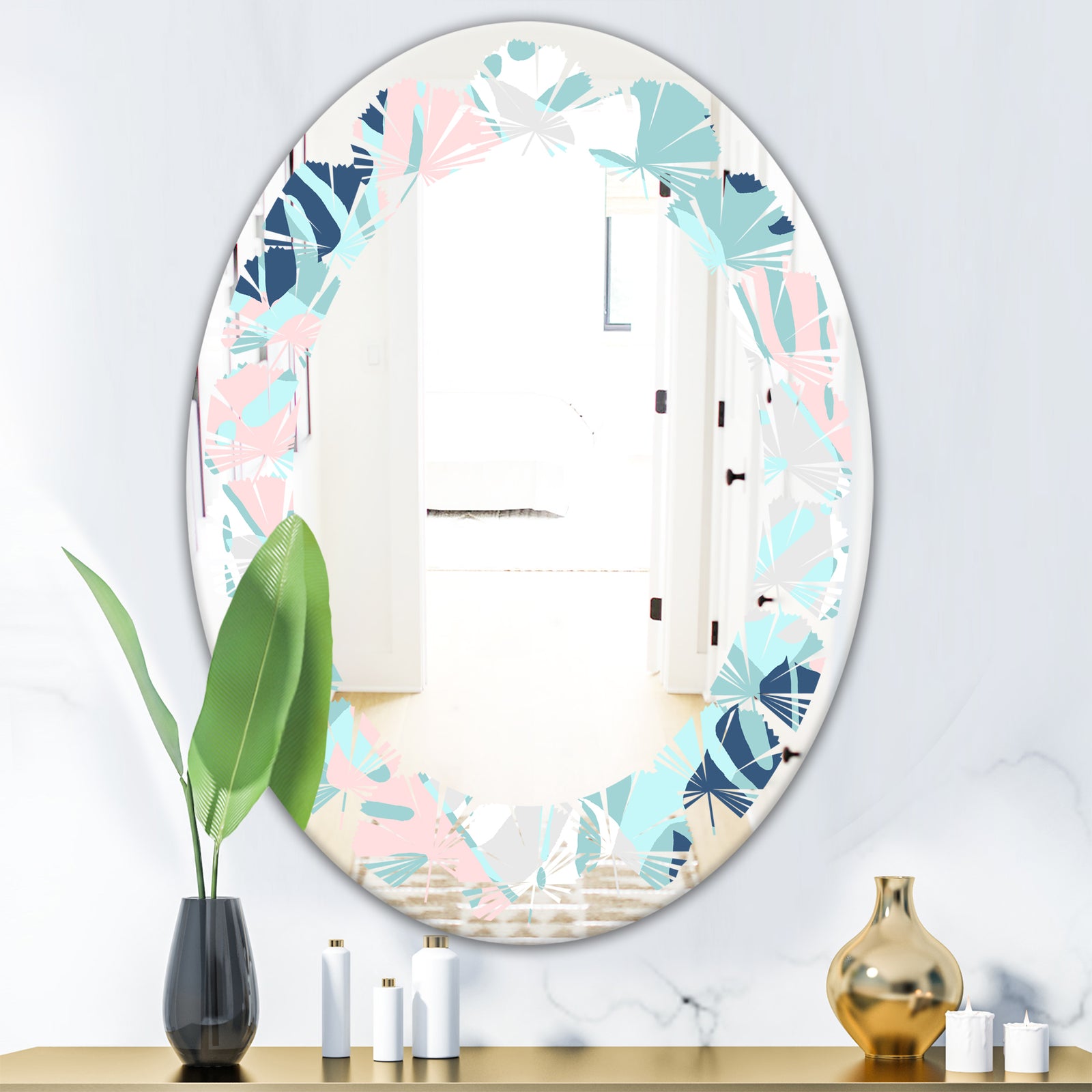 Retro Floral Pattern II - Modern Round or Oval Wall Mirror - Leaves