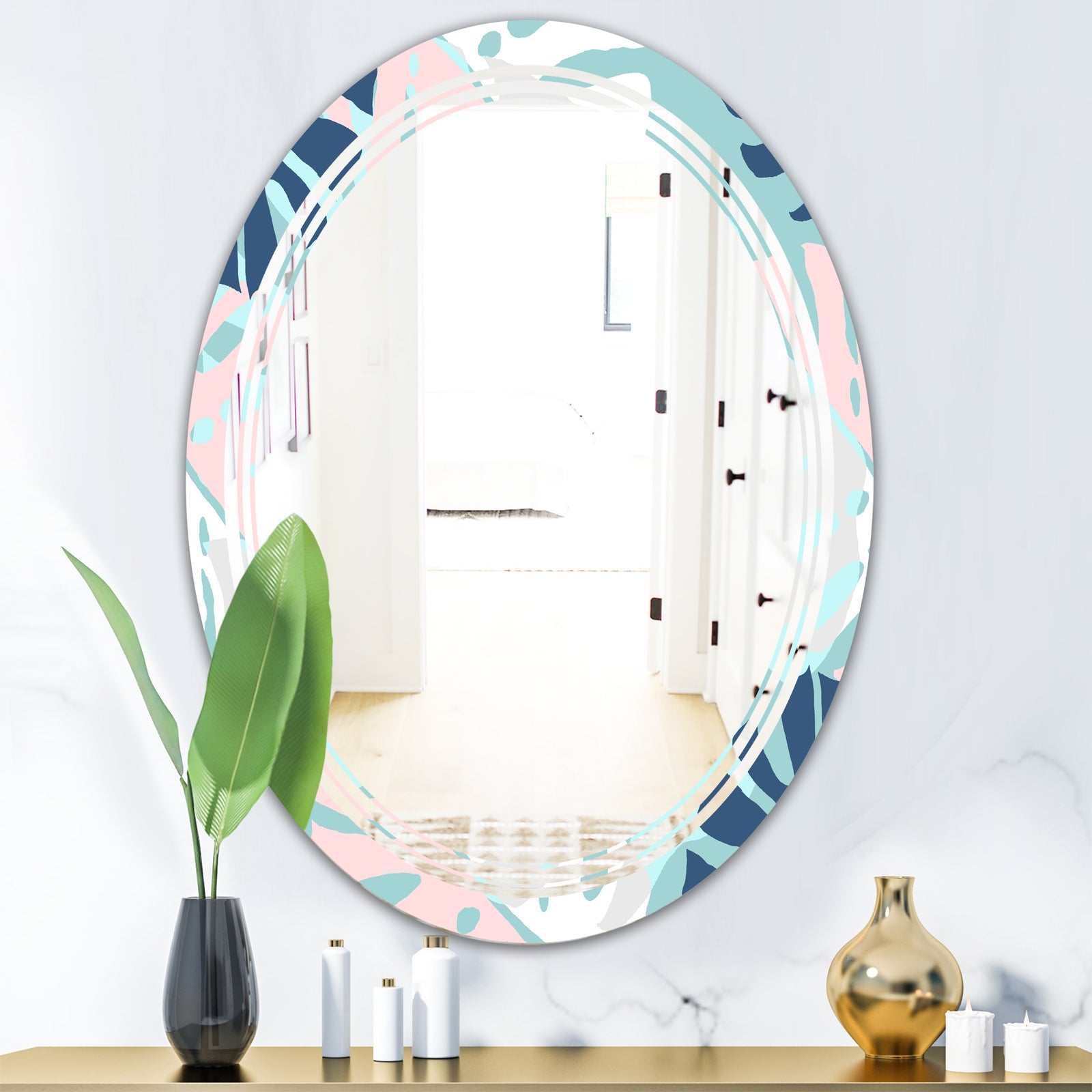 Retro Floral Pattern II - Modern Round or Oval Wall Mirror - Triple C