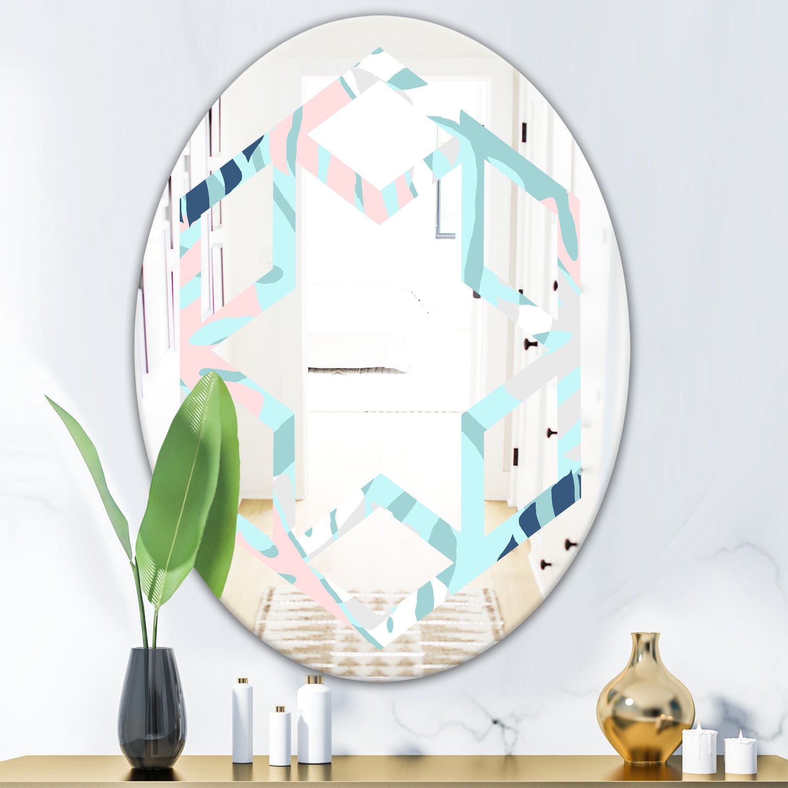 Retro Floral Pattern II - Modern Round or Oval Wall Mirror - Hexagon Star