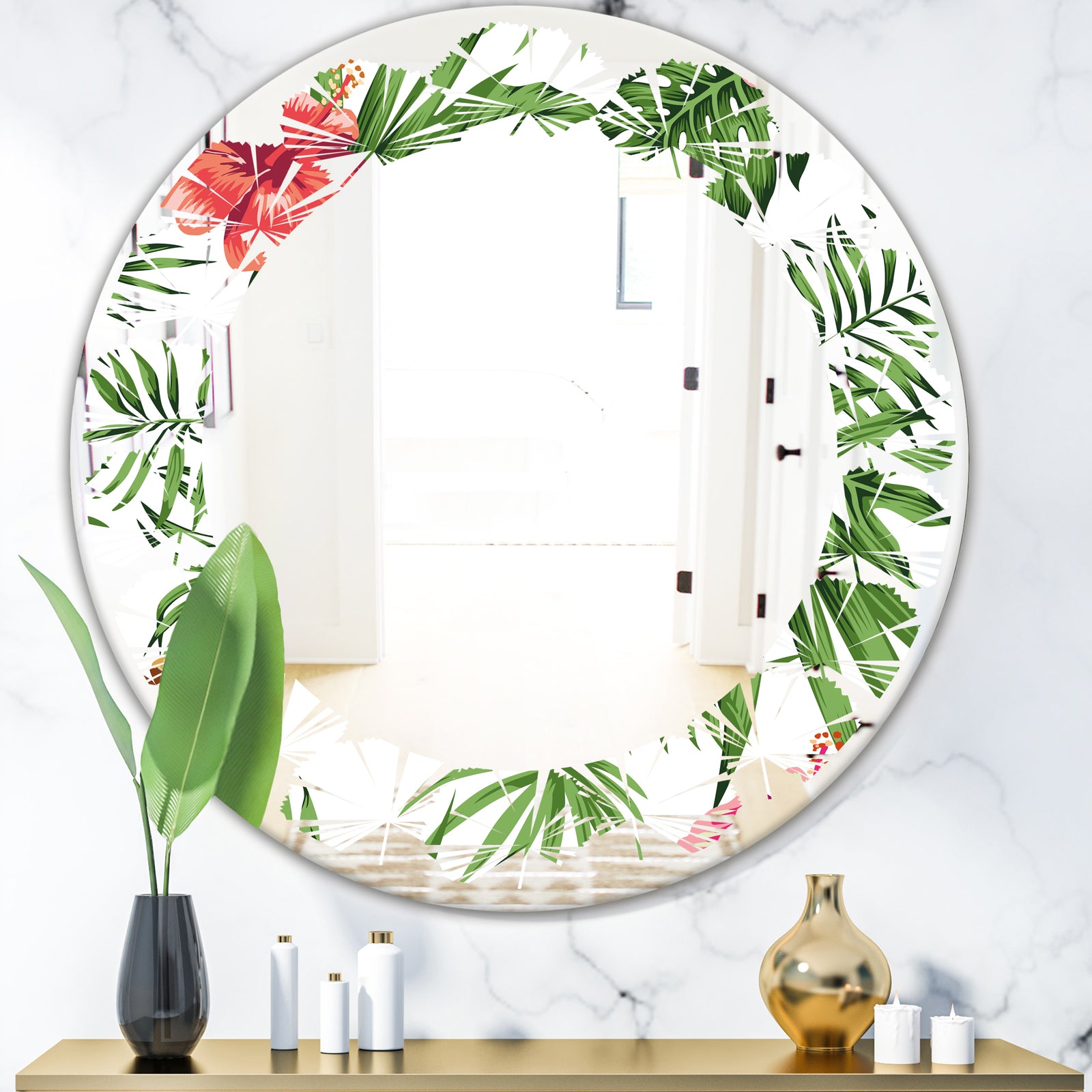 Tropical Botanicals and Flowers II - Modern Round or Oval Wall Mirror - Leaves