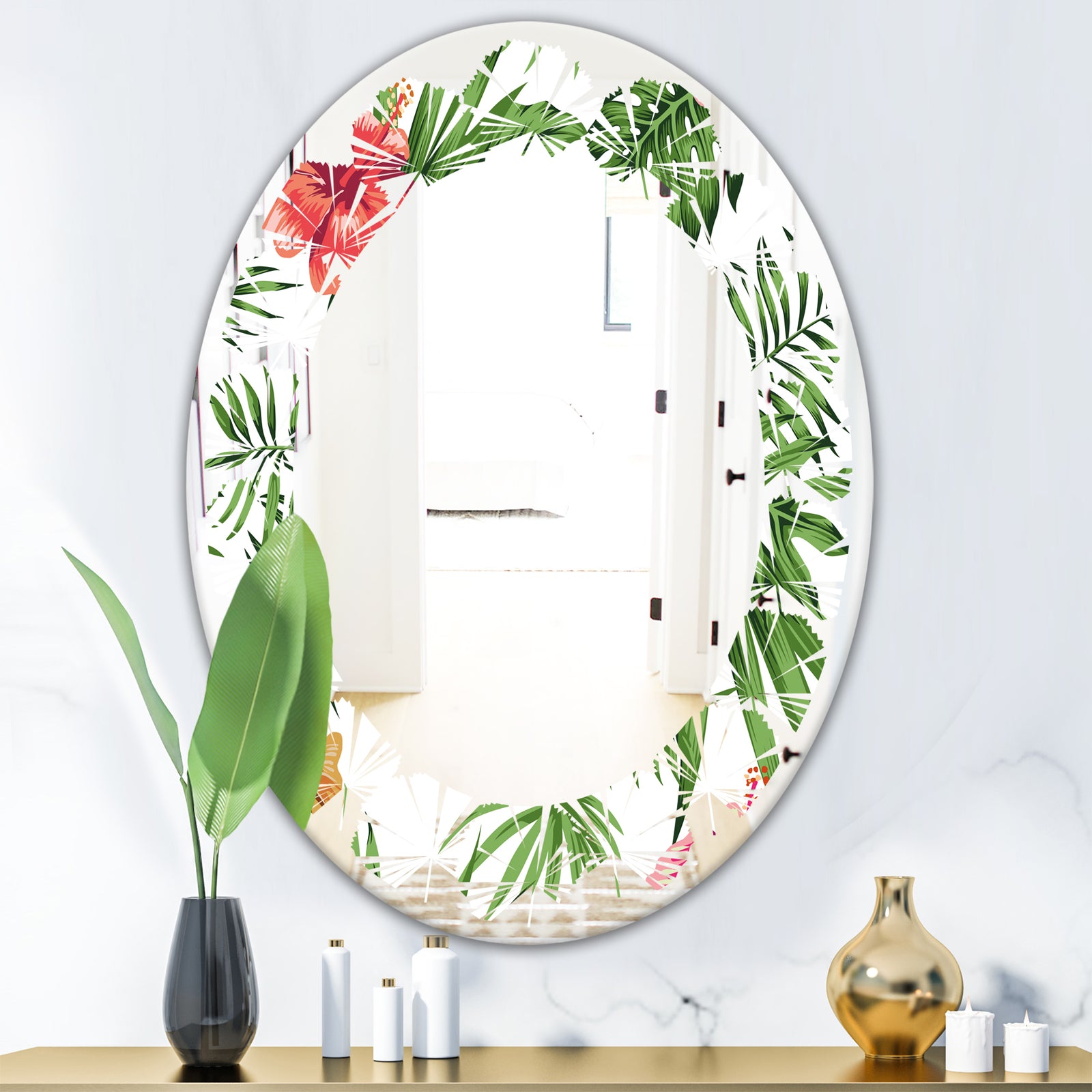 Tropical Botanicals and Flowers II - Modern Round or Oval Wall Mirror - Leaves