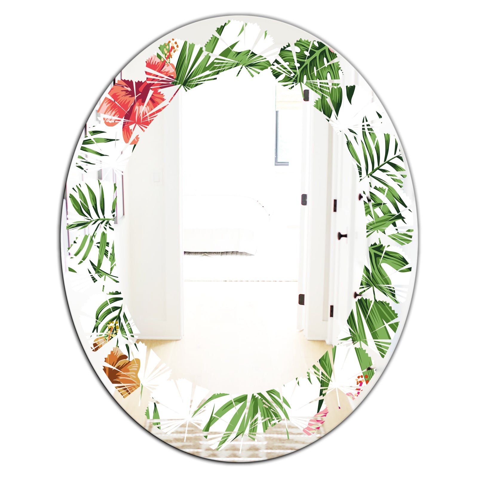 Tropical Botanicals and Flowers II - Modern Round or Oval Wall Mirror - Leaves