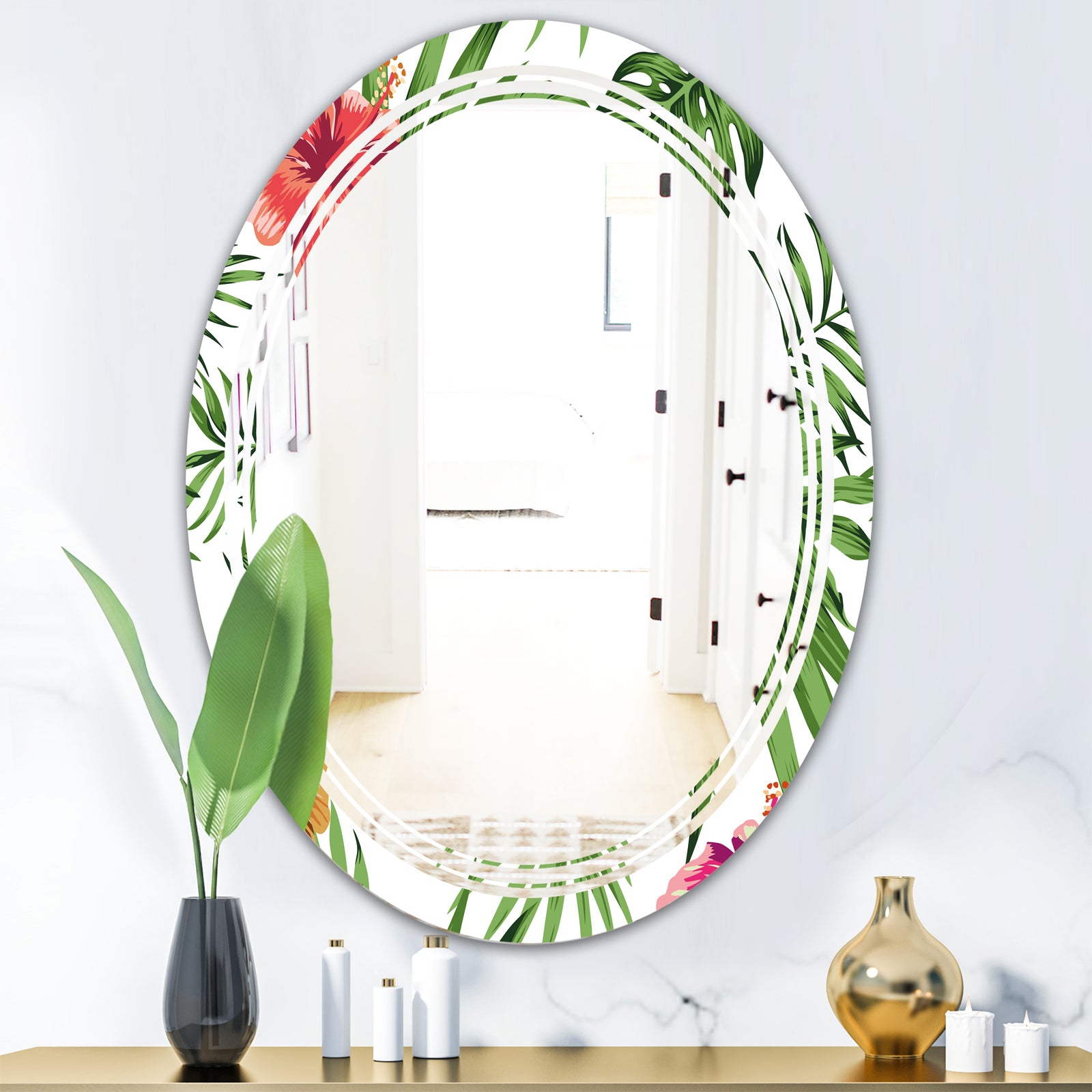 Tropical Botanicals and Flowers II - Modern Round or Oval Wall Mirror - Triple C