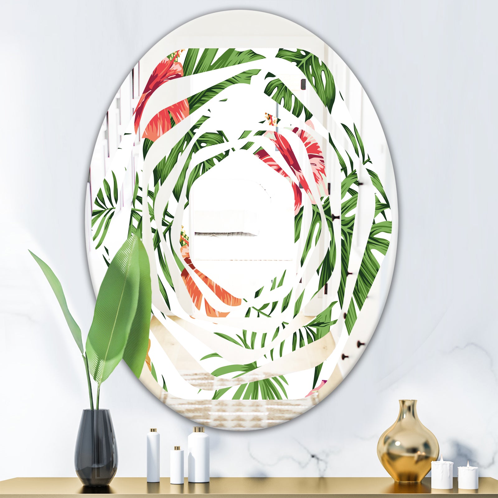 Tropical Botanicals and Flowers II - Modern Round or Oval Wall Mirror - Whirl