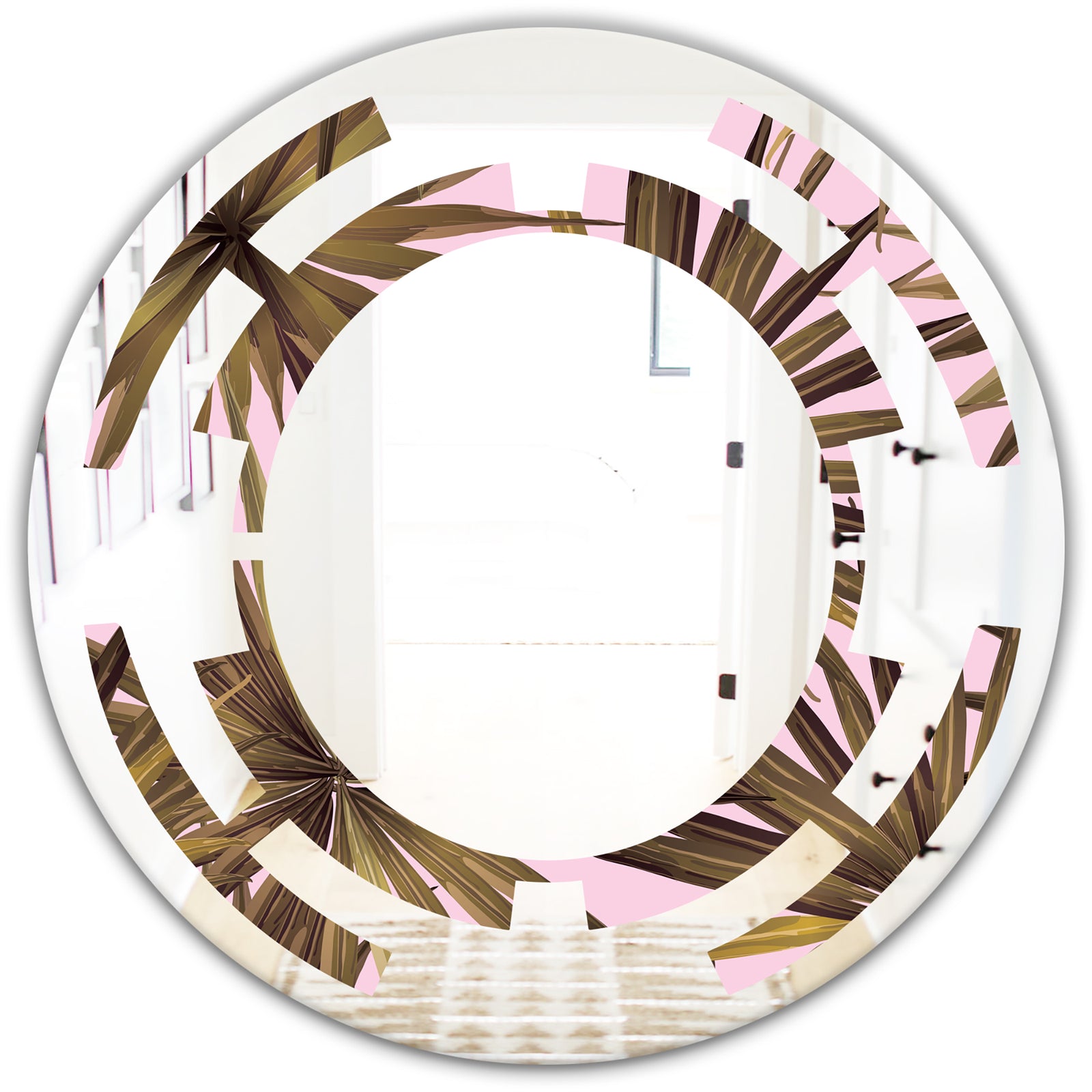 Tropical Leaves On Pink - Modern Round or Oval Wall Mirror - Space