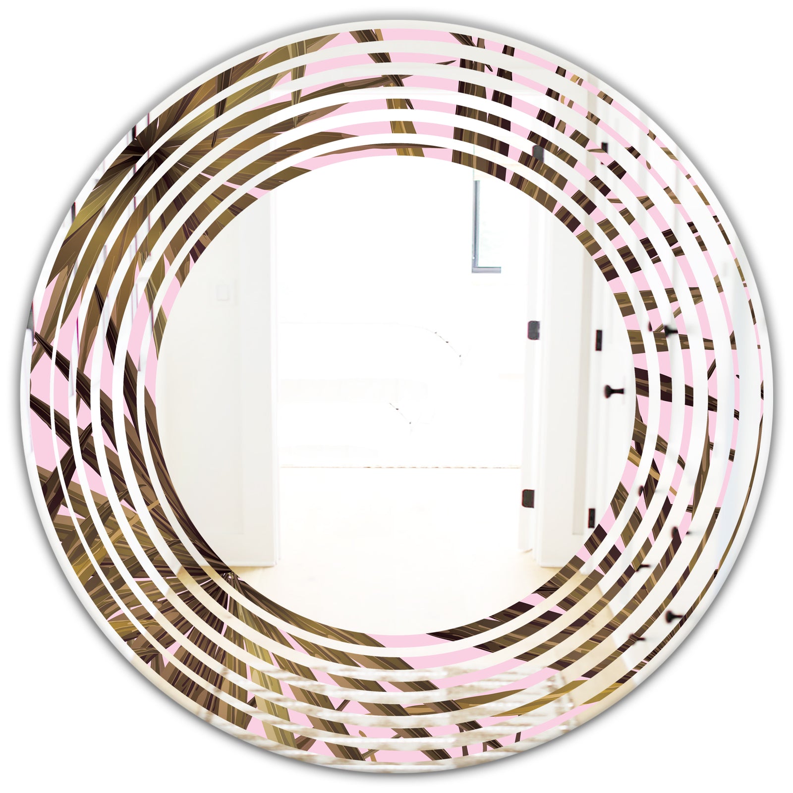 Tropical Leaves On Pink - Modern Round or Oval Wall Mirror - Wave