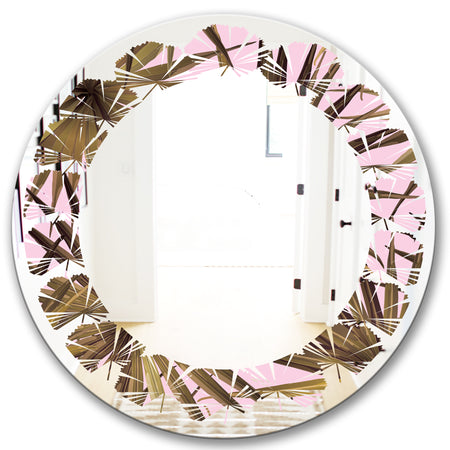 Tropical Leaves On Pink - Modern Round or Oval Wall Mirror - Leaves