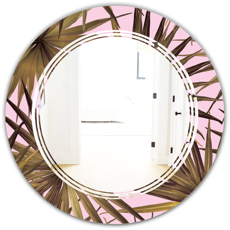 Tropical Leaves On Pink - Modern Round or Oval Wall Mirror - Triple C