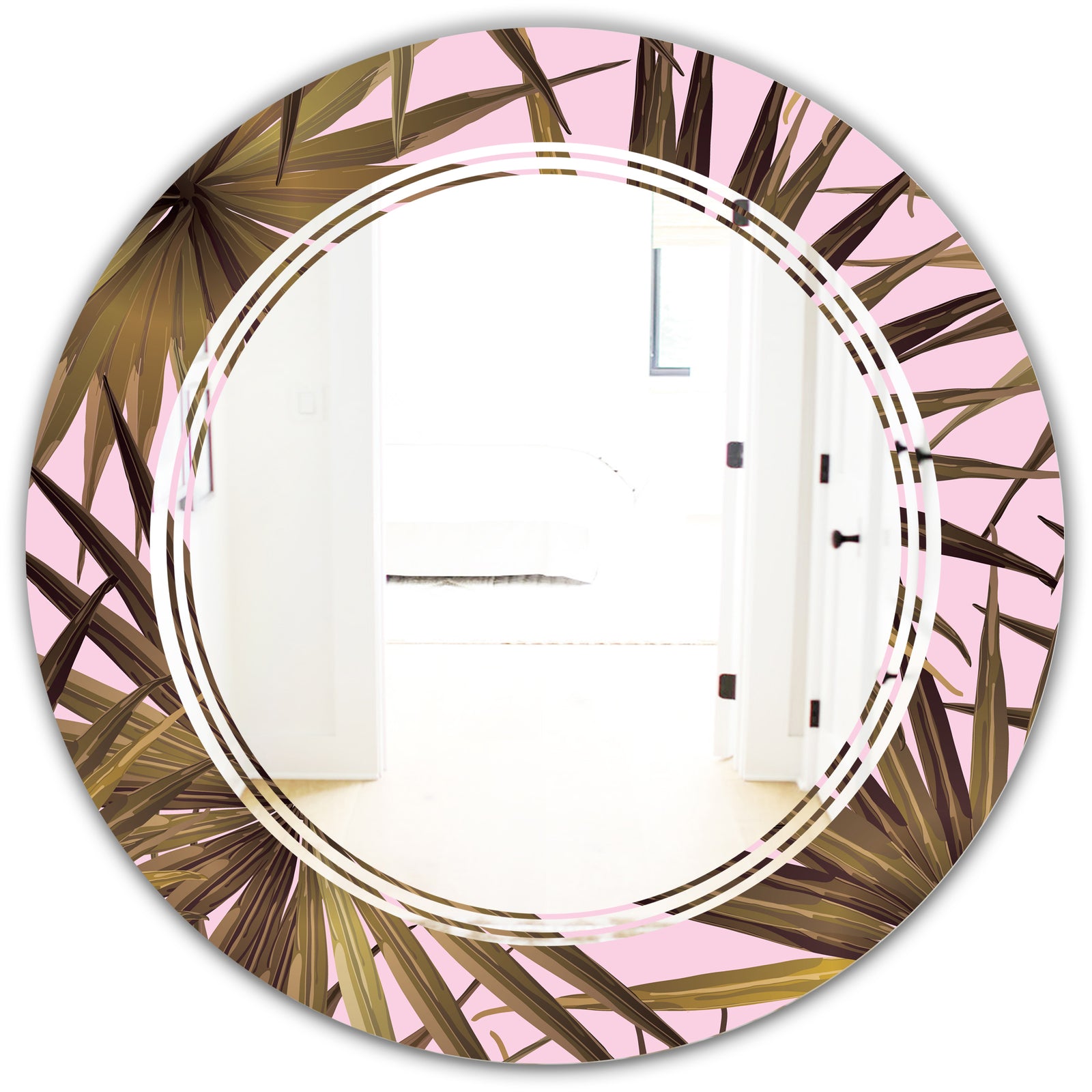 Tropical Leaves On Pink - Modern Round or Oval Wall Mirror - Triple C