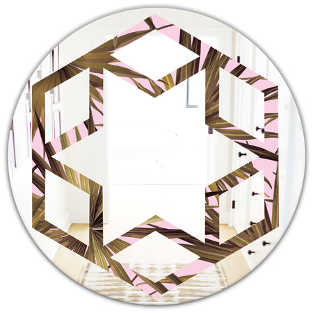 Tropical Leaves On Pink - Modern Round or Oval Wall Mirror - Hexagon Star