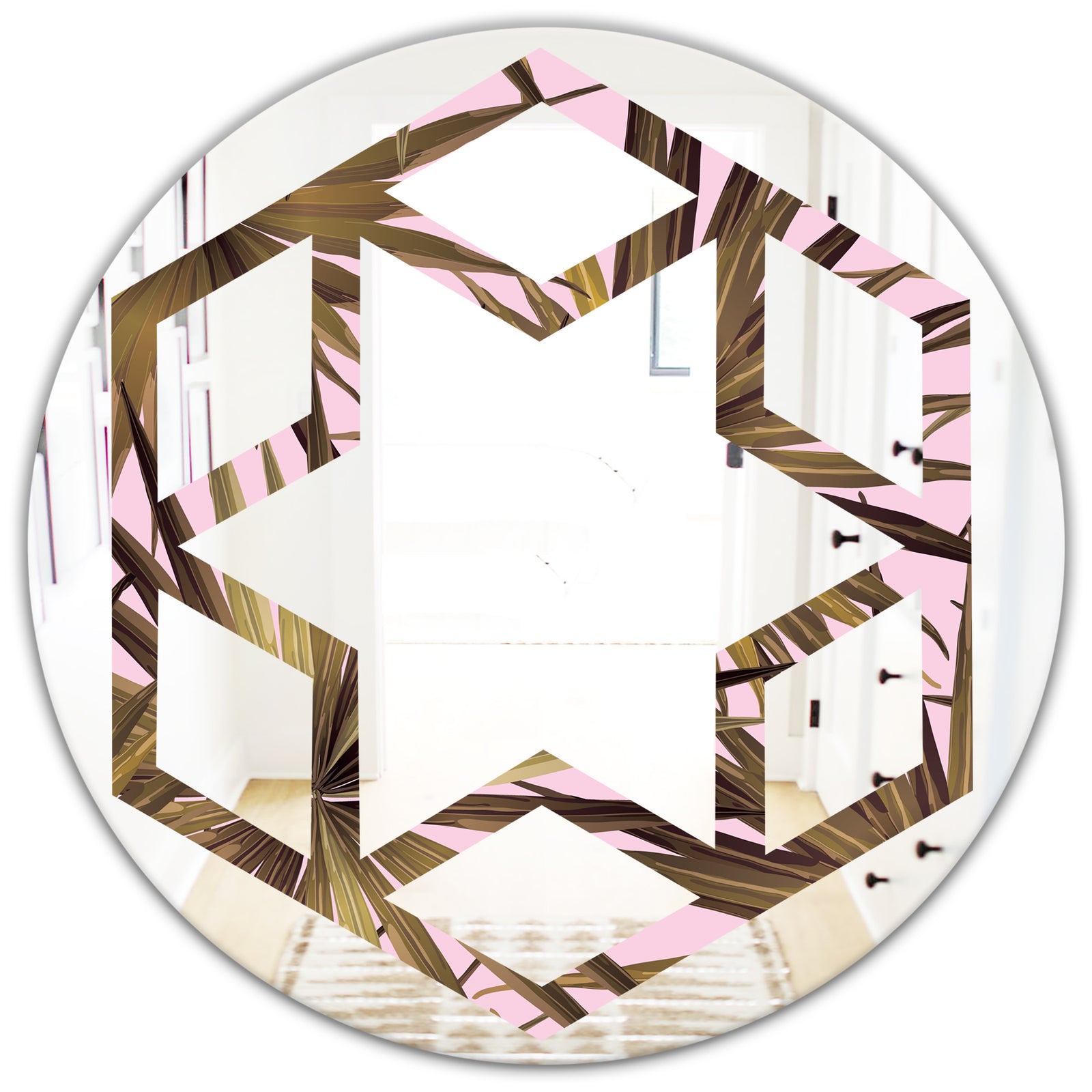 Tropical Leaves On Pink - Modern Round or Oval Wall Mirror - Hexagon Star