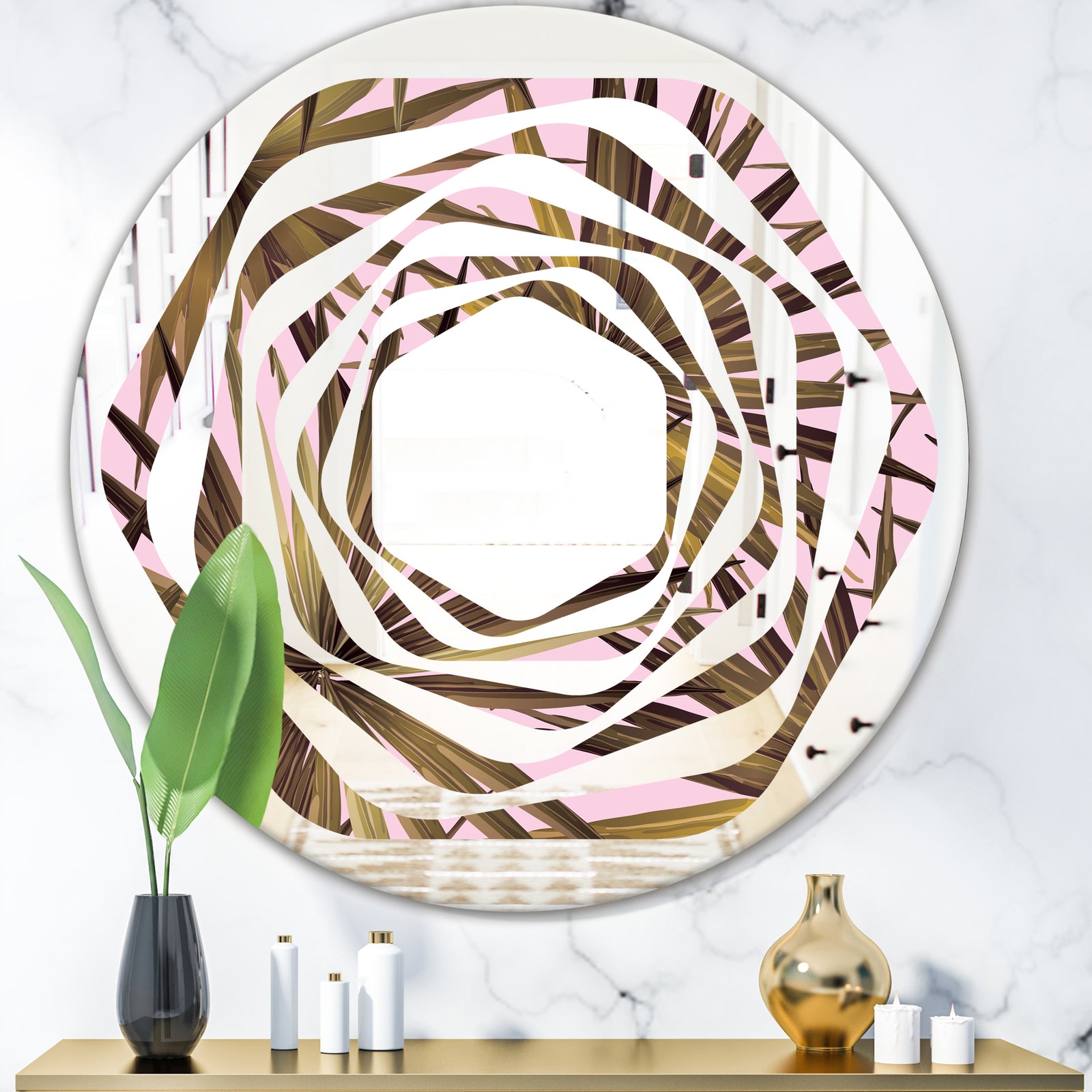 Tropical Leaves On Pink - Modern Round or Oval Wall Mirror - Whirl