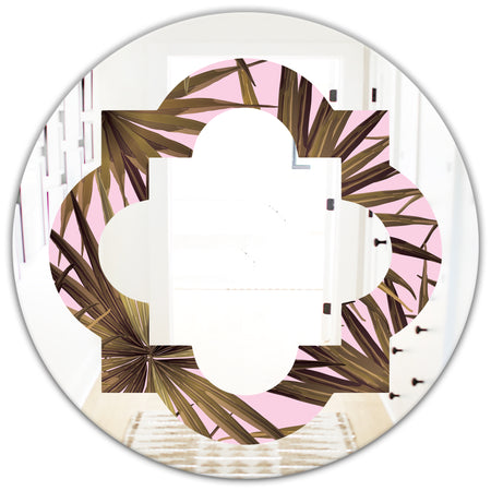 Tropical Leaves On Pink - Modern Round or Oval Wall Mirror - Quatrefoil