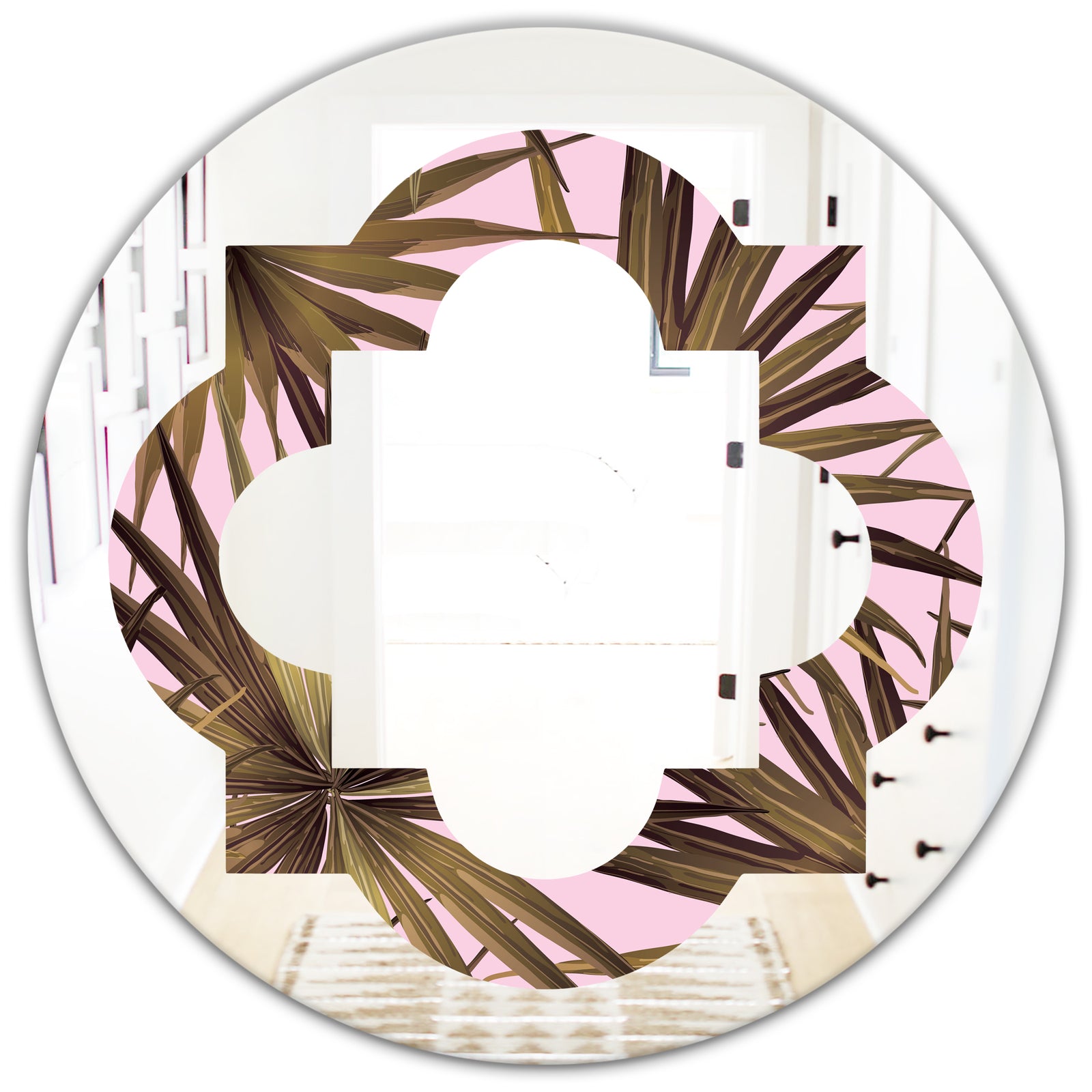 Tropical Leaves On Pink - Modern Round or Oval Wall Mirror - Quatrefoil