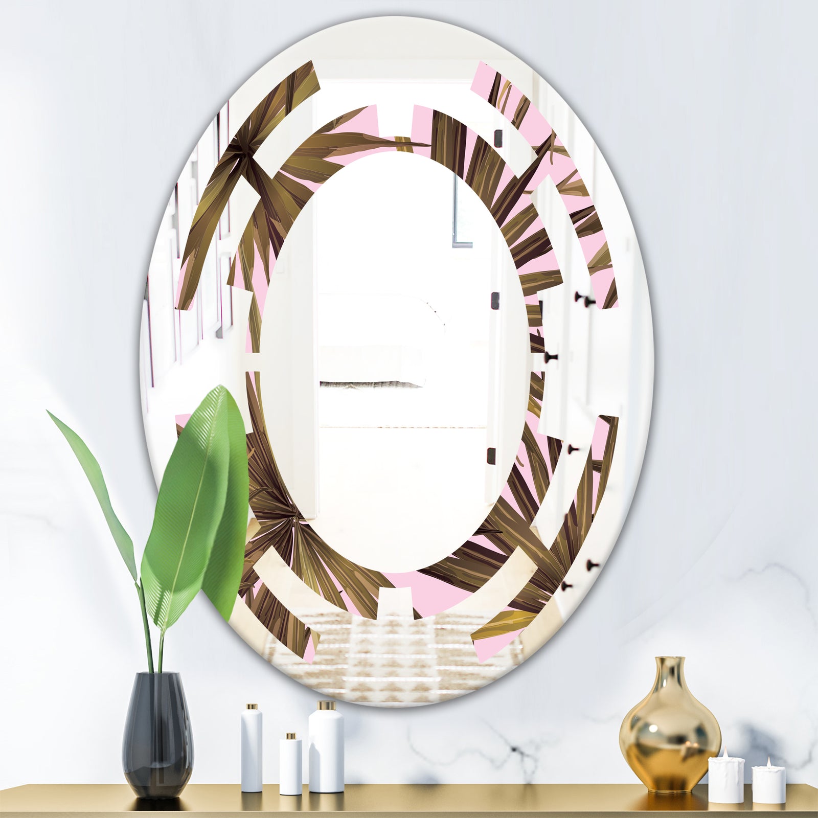 Tropical Leaves On Pink - Modern Round or Oval Wall Mirror - Space