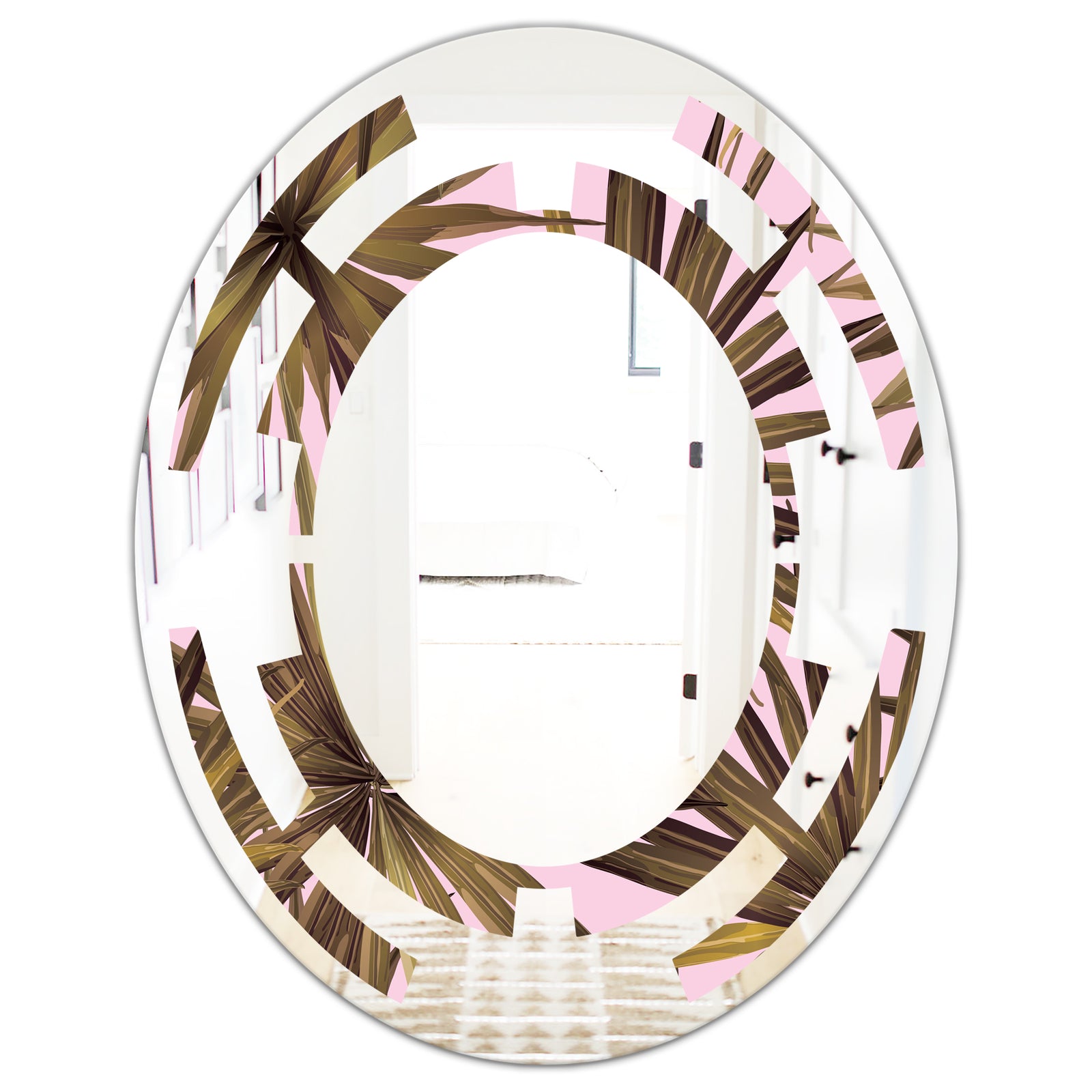 Tropical Leaves On Pink - Modern Round or Oval Wall Mirror - Space