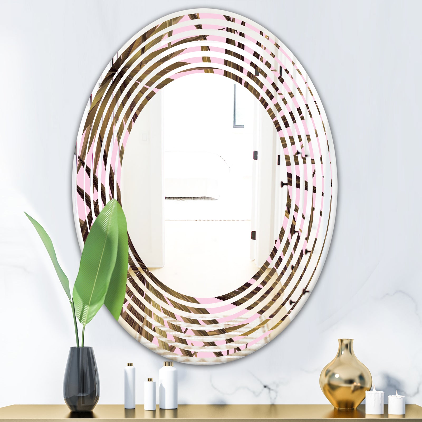 Tropical Leaves On Pink - Modern Round or Oval Wall Mirror - Wave
