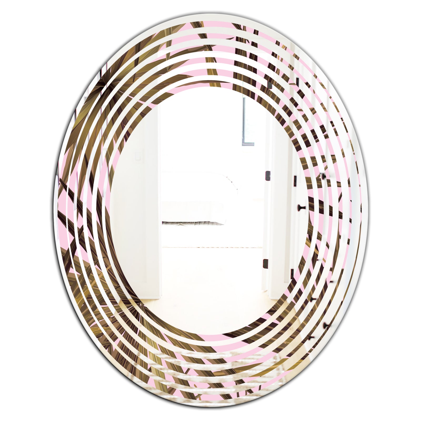 Tropical Leaves On Pink - Modern Round or Oval Wall Mirror - Wave