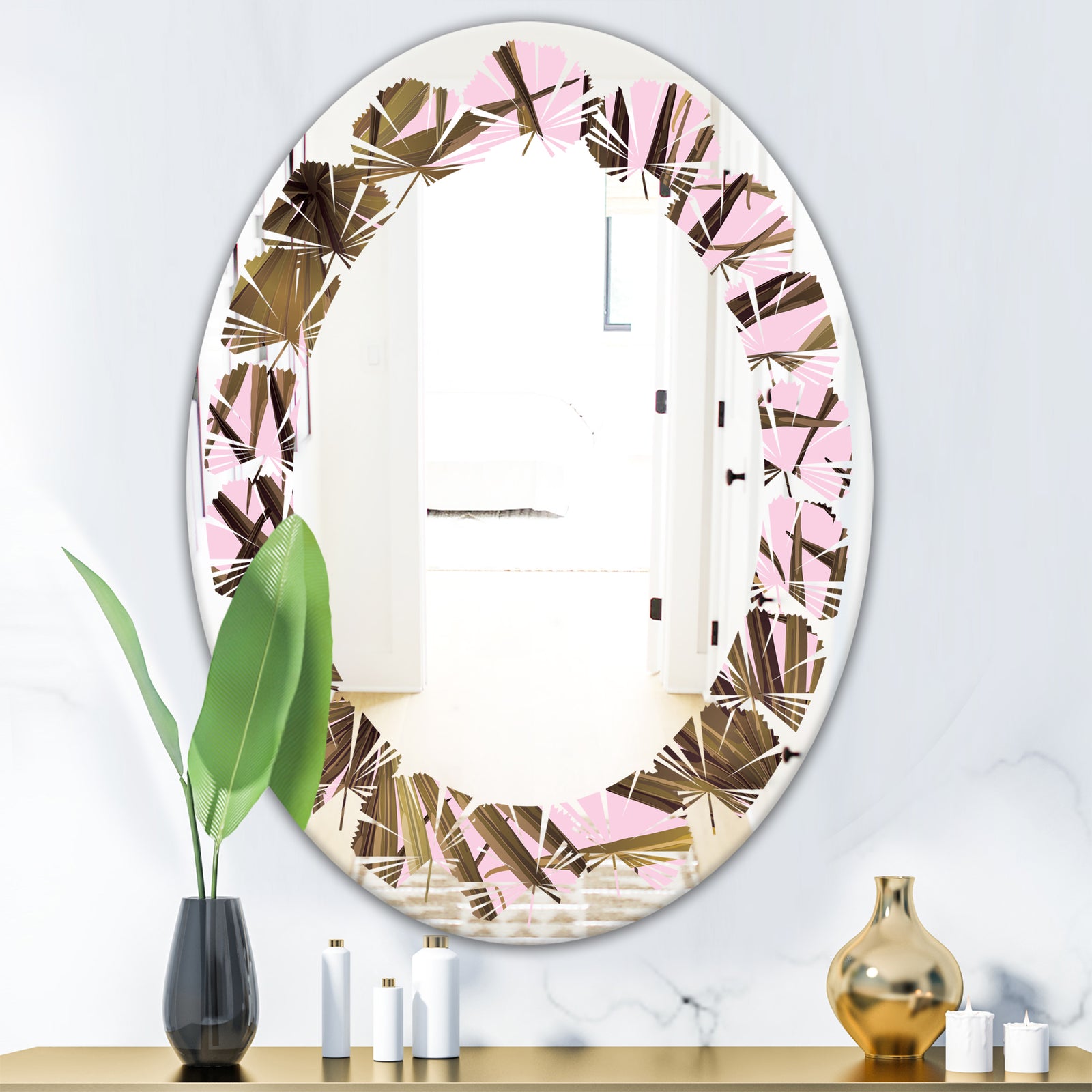 Tropical Leaves On Pink - Modern Round or Oval Wall Mirror - Leaves