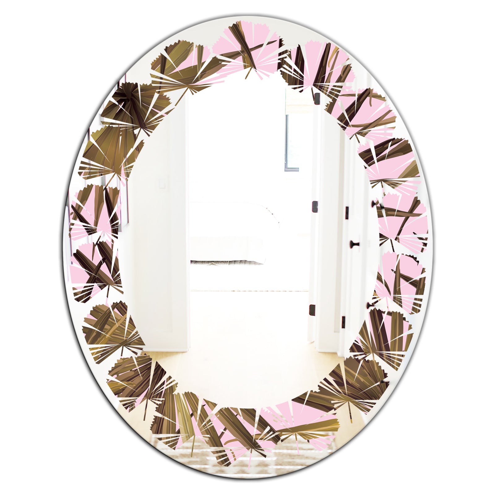 Tropical Leaves On Pink - Modern Round or Oval Wall Mirror - Leaves